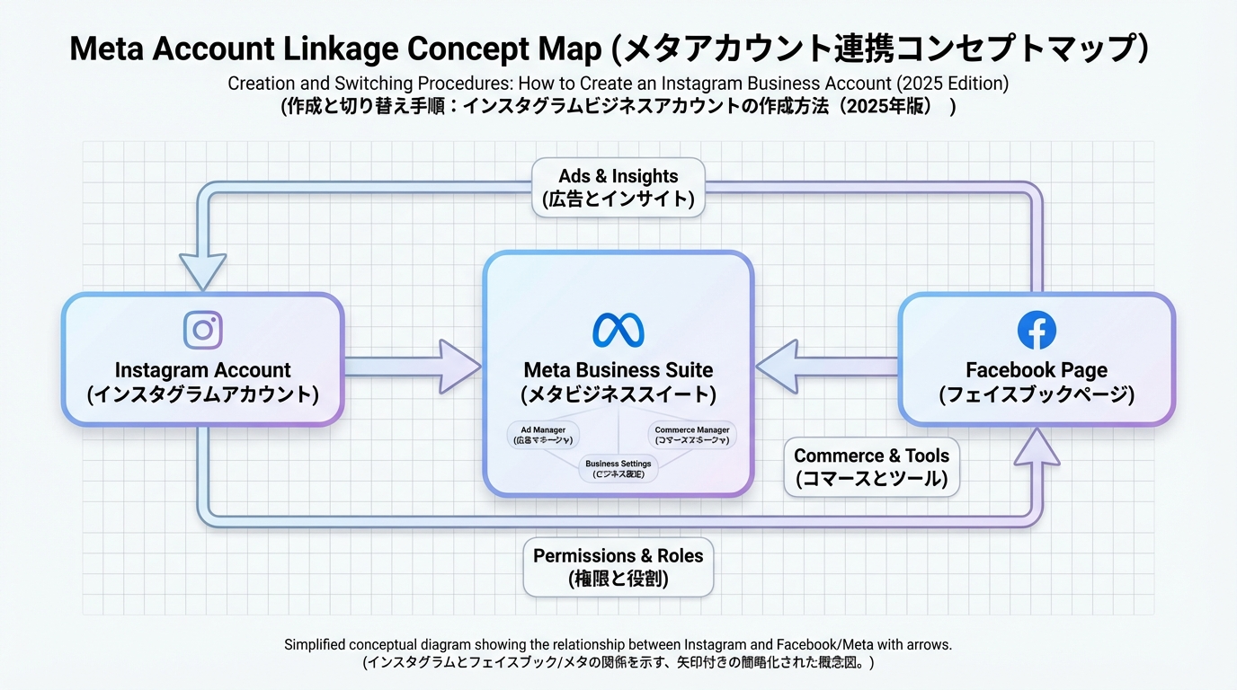 InstagramアカウントがFacebookページとMetaビジネスツールに接続され、広告配信や権限管理、コマース機能へ矢印でつながる概念図。