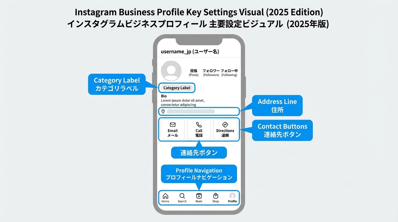 ビジネスプロフィール上でカテゴリラベル、メール・電話ボタン、住所表示やアクションボタンの位置がハイライトされたUIイメージ。