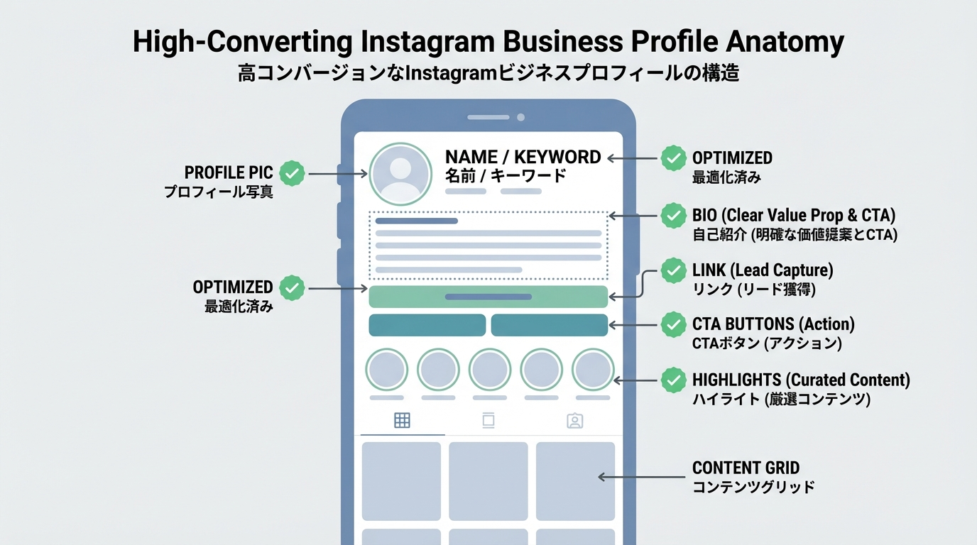 Instagramビジネスプロフィールを例に、名前・キーワード、Bio、リンク、ハイライト、CTAボタンの各ゾーンが注釈付きで示された図解。