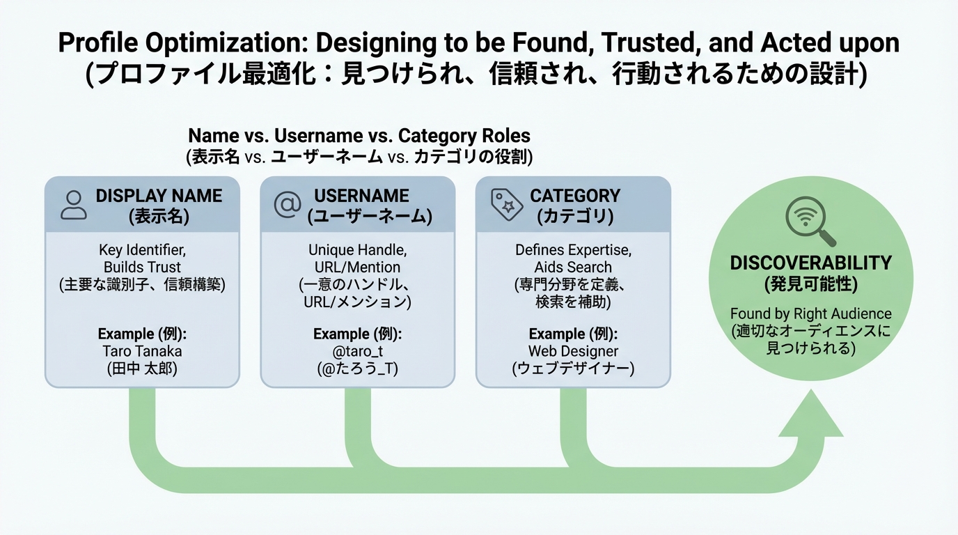 表示名・ユーザーネーム・カテゴリそれぞれの役割と、発見性（discoverability）につながる関係を3つのブロックで示した図。