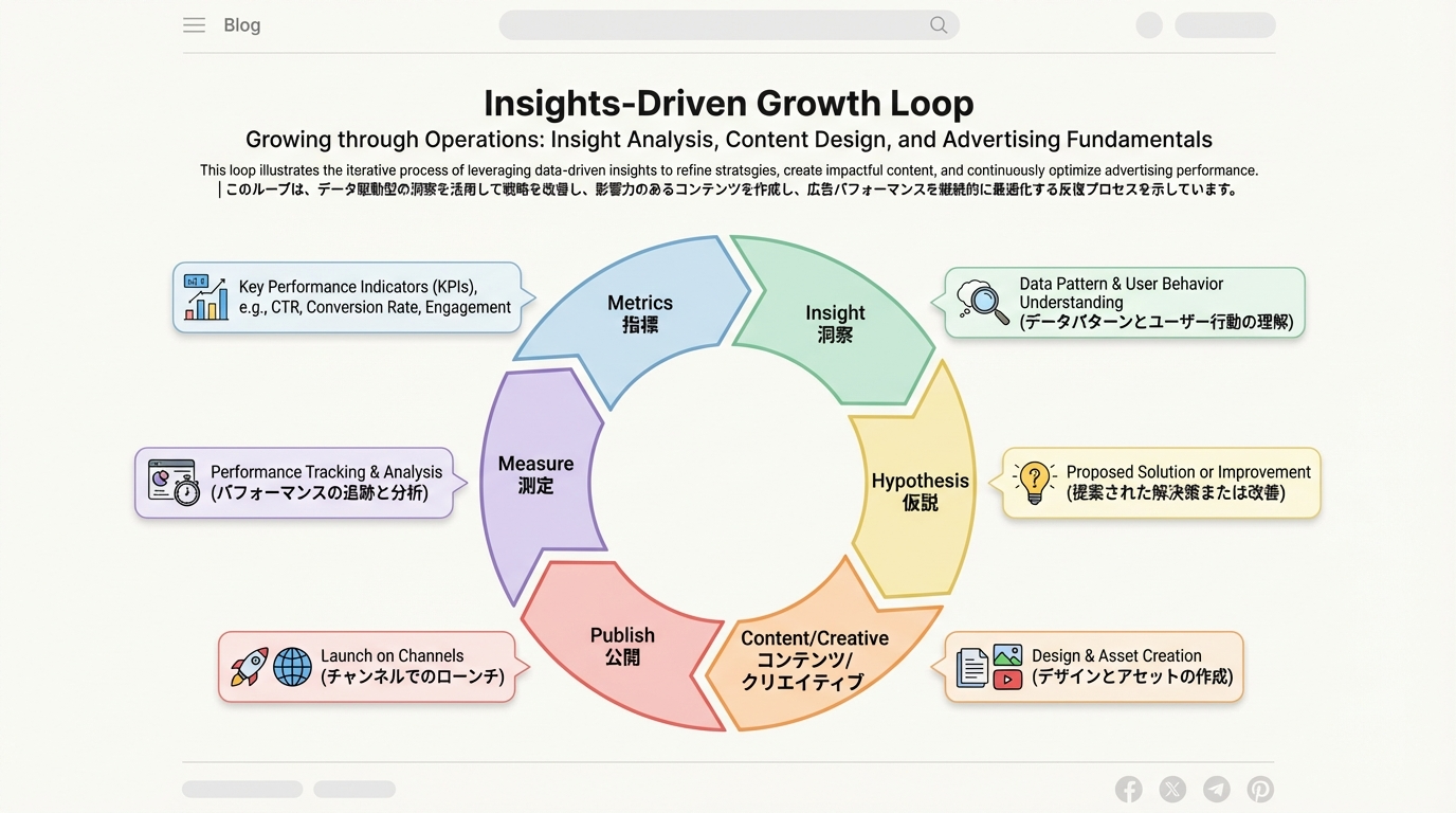 インサイトの指標から仮説立案、コンテンツ改善、投稿、計測へと回していく運用ループを示した円形のダイアグラムで、リーチや保存など主要KPIが吹き出しで表示されている。