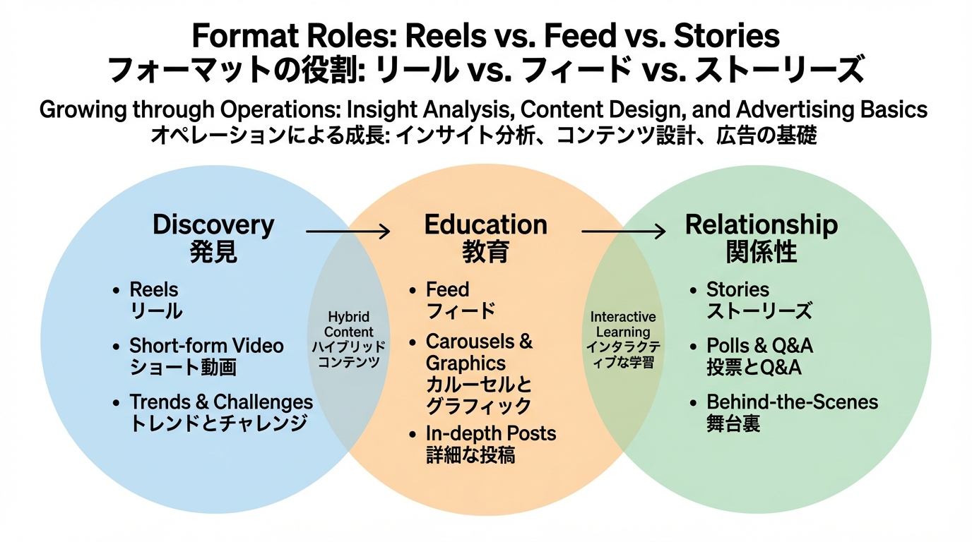 リール、フィード、ストーリーズの3つの円が重なり、それぞれ発見・理解・関係構築の役割と代表的なコンテンツ例が示された図。
