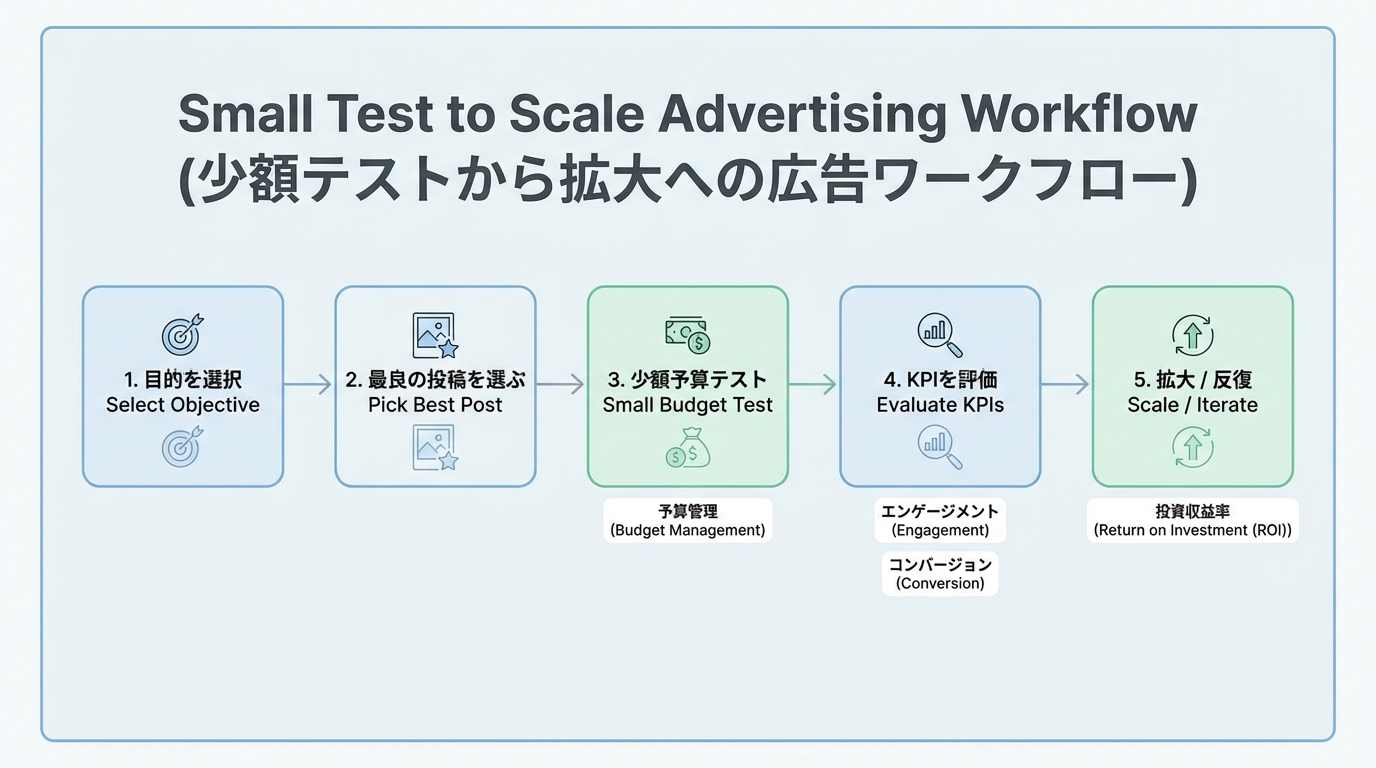 広告の目的選択から、よく反応の取れた投稿を選び、少額予算でテストしてKPIを確認し、うまくいったものを拡大するまでのステップを示したフロー図。