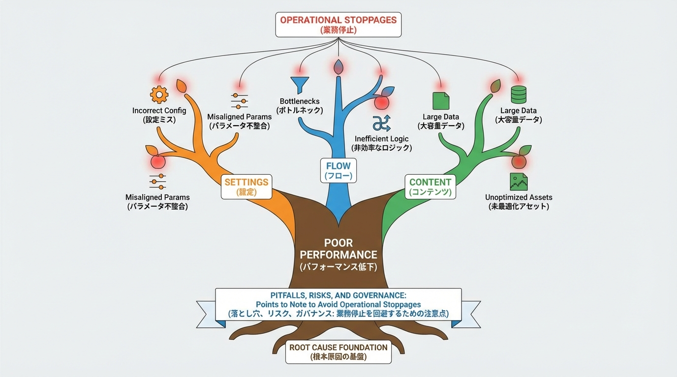 成果が出ない原因を、設定・導線・内容の3つの大きな枝に分解し、それぞれに代表的な問題例がぶら下がるツリー図。