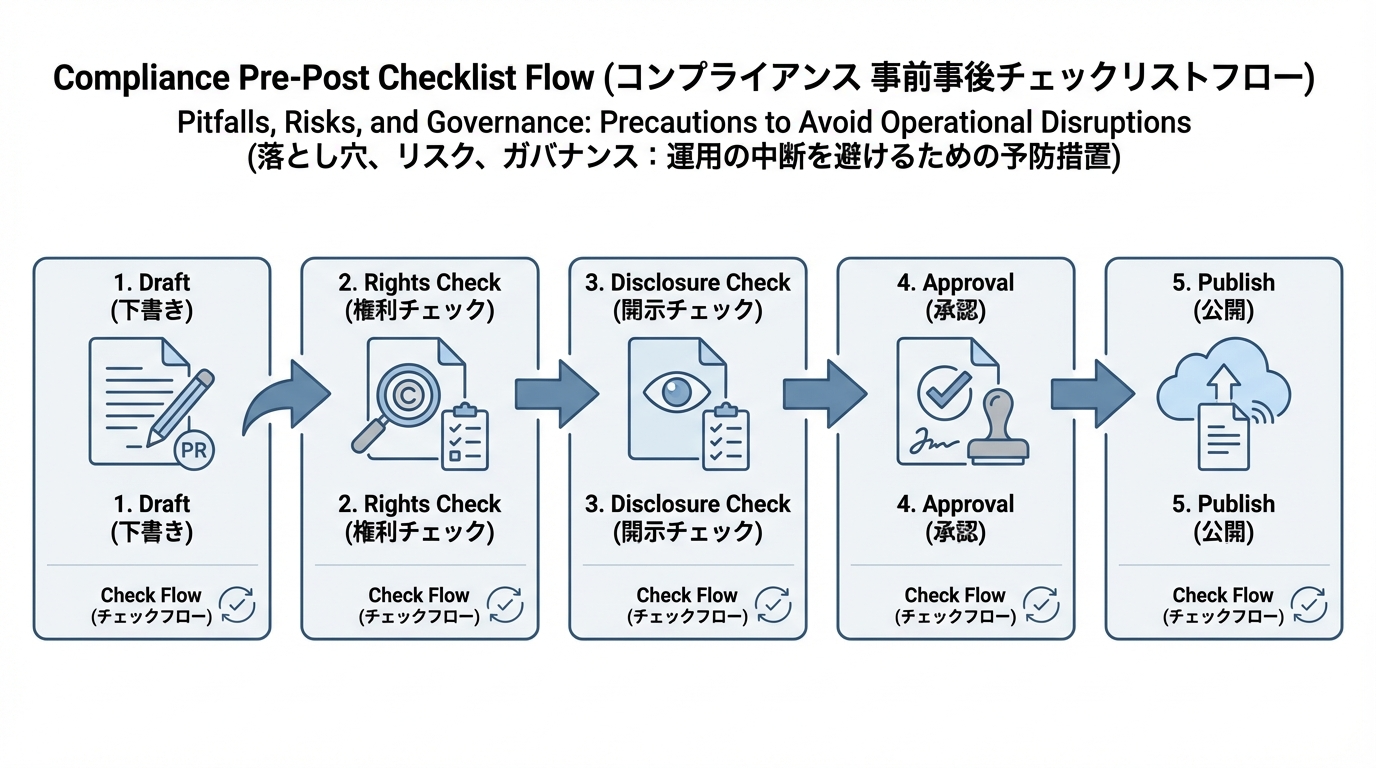 投稿案の作成から、権利チェック、PRや広告表記の確認、承認、公開に至るまでのコンプライアンスチェックフローを示した図。