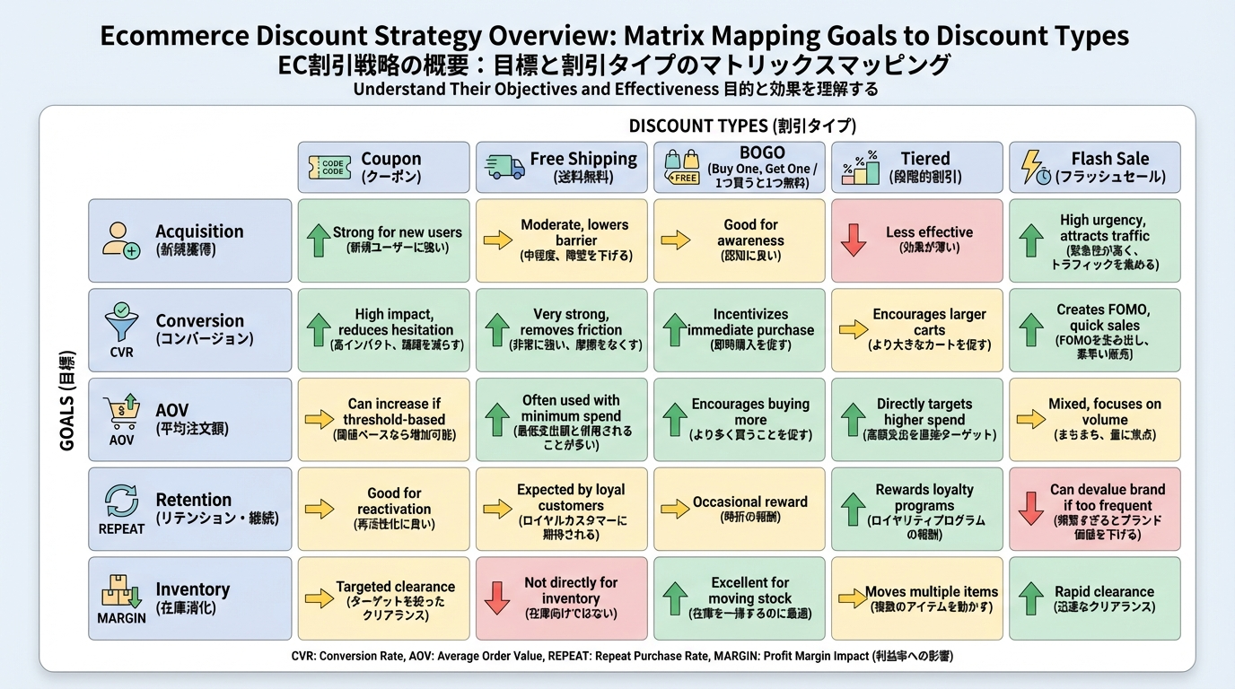 ECにおける割引施策を、新規獲得・CVR・客単価・在庫・LTVといった目的別にマトリクスで俯瞰したインフォグラフィック