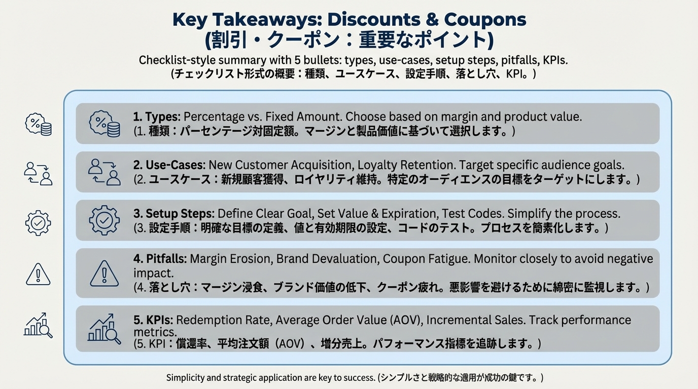 割引の種類、目的別の使い分け、設計手順、失敗パターン、KPIを5つのチェックリストで示したミニインフォグラフィック