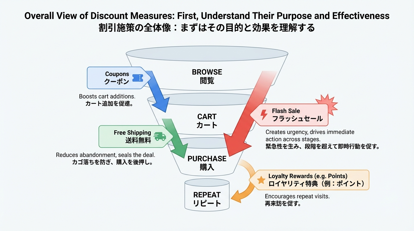 閲覧からカート投入、購入、リピートまでの購買ファネルに、クーポンや送料無料、フラッシュセールが作用するポイントを重ねた図