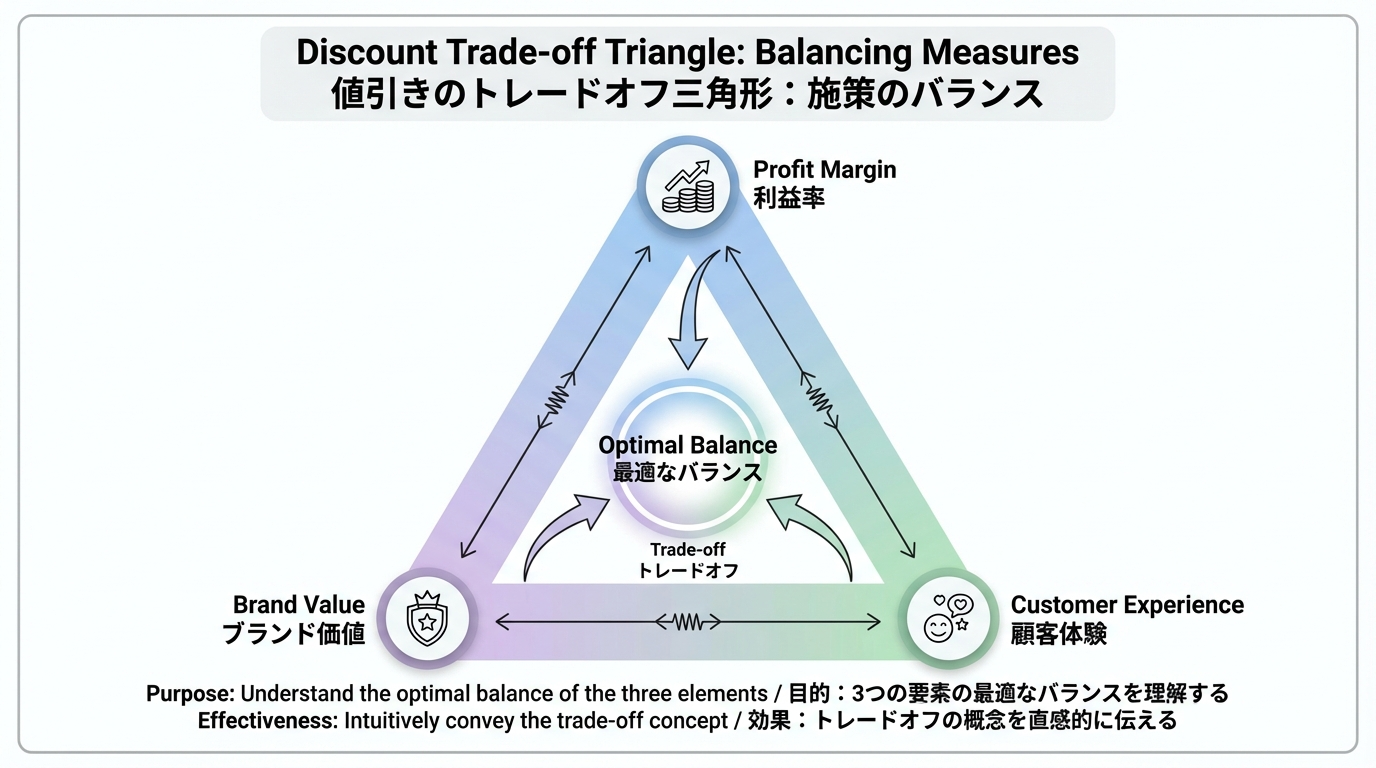 利益率・ブランド価値・顧客体験の3つの頂点を持つ三角形でバランスを表したインフォグラフィック