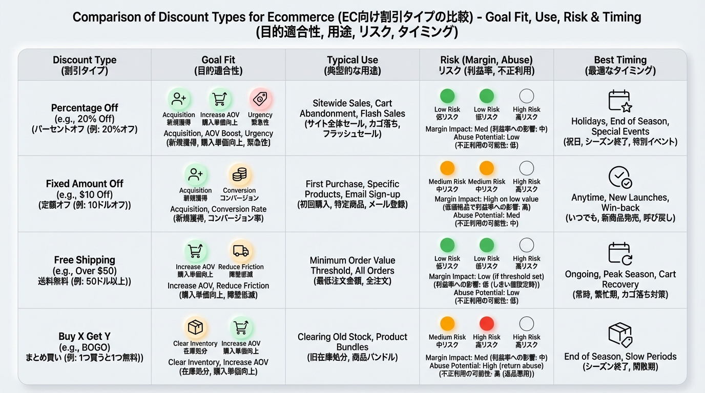 定率クーポン、定額クーポン、送料無料、まとめ買い、BOGO、期間限定セールなどの割引タイプを、目的別とリスクで比較したチャート