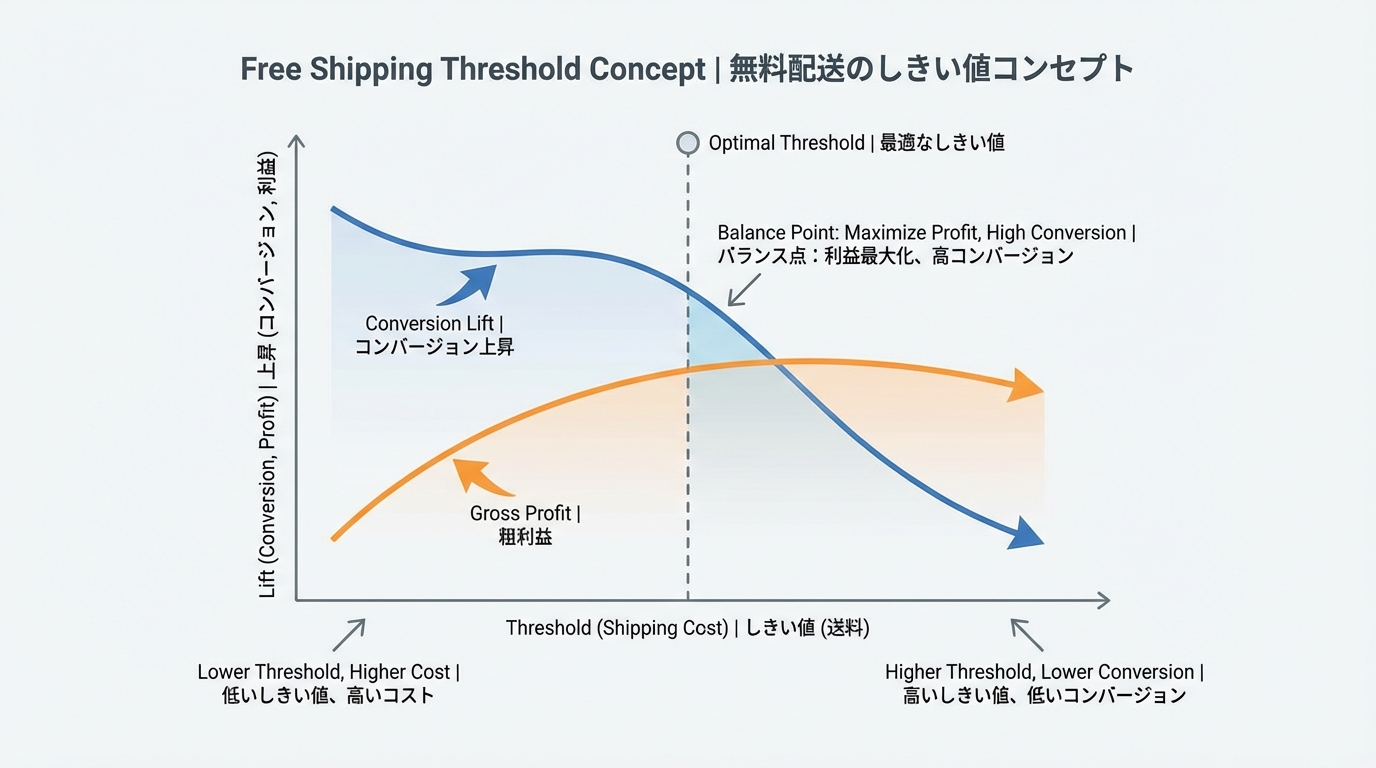 送料無料のしきい値を変えた場合のCVR上昇と送料コストの推移を示した概念的なラインチャート