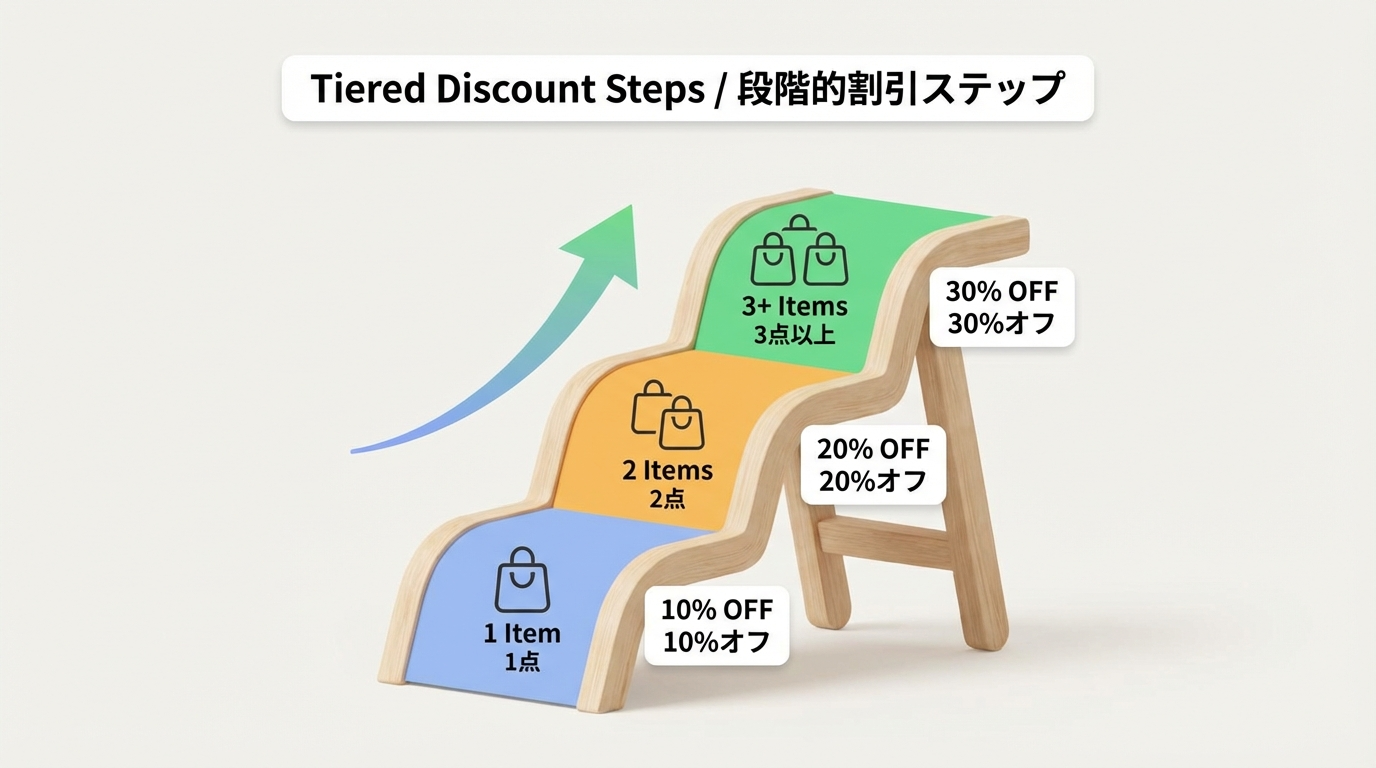 1個・2個・3個購入時に割引率や特典がステップ状に増えていく段階割引の概念図