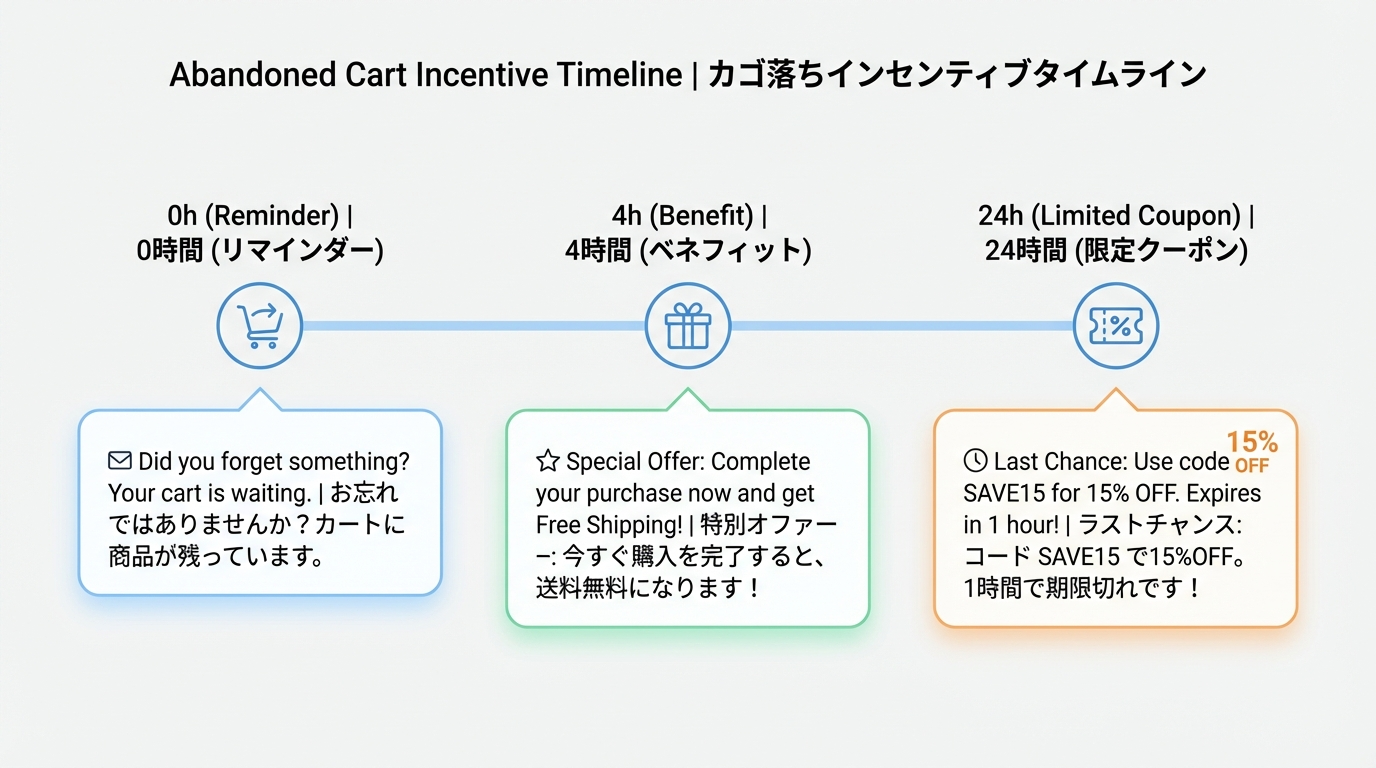 カゴ落ち後0時間・4時間・24時間にリマインドとクーポンを段階的に送るタイムライン図