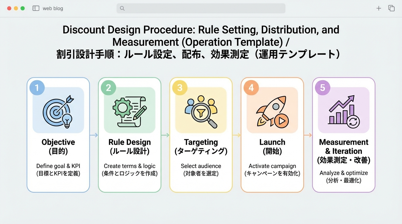 目的設定からルール設計、ターゲティング、施策開始、計測と改善まで5ステップで示したワークフロー図