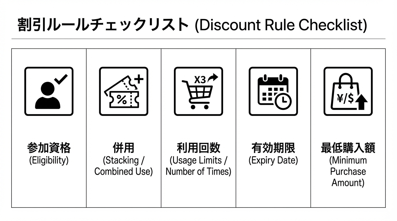 割引条件の主要項目である対象、併用、利用回数、有効期限、最低購入額をアイコン付きで一覧化した図