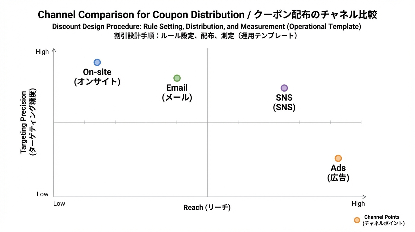 On-site、Email、SNS、Adsの4チャネルを到達範囲とターゲティング精度の2軸で比較した散布図