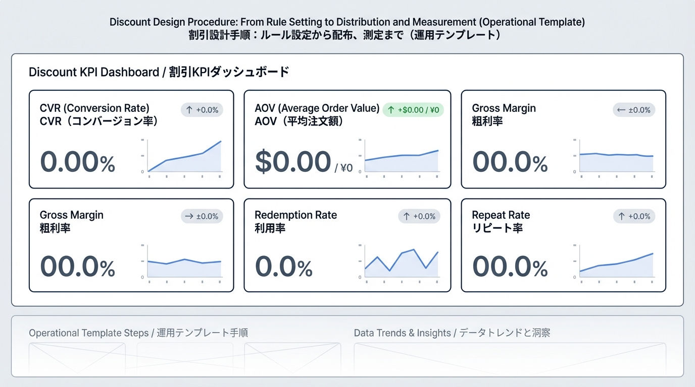 CVR、AOV、粗利、クーポン利用率、リピート率など主要KPIを一画面で表示したダッシュボードのワイヤーフレーム
