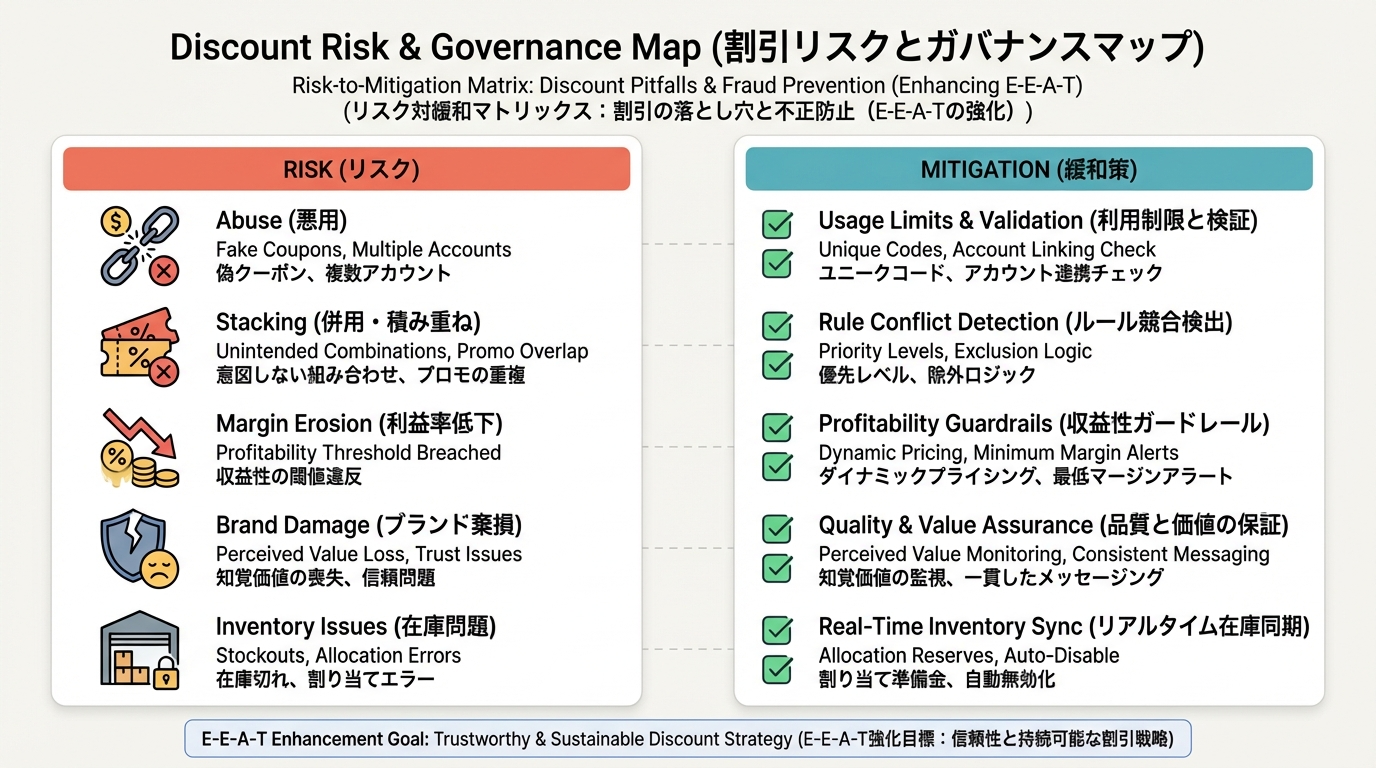 割引のリスク（乱用、併用、利益率悪化、ブランド毀損、在庫崩れ）と、それぞれに対応する対策のマトリクス図