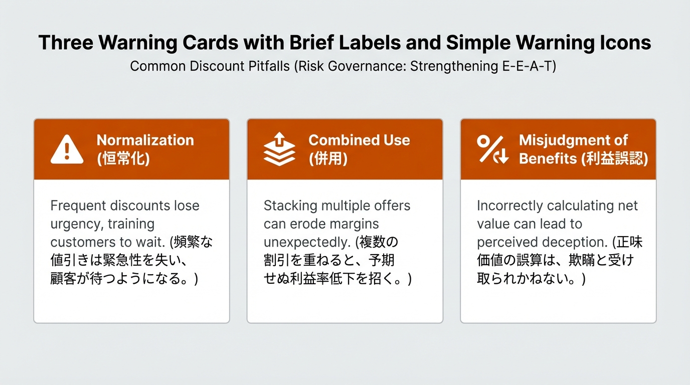 セール常態化・割引併用・利益率見誤りの3つの失敗パターンを警告アイコン付きカードで説明した図