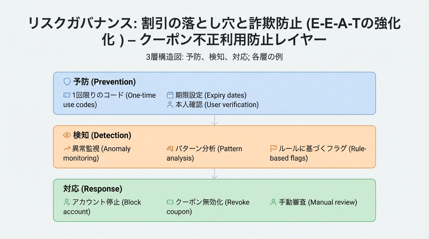クーポン不正対策を予防・検知・対応の3層に分けて整理したレイヤー図