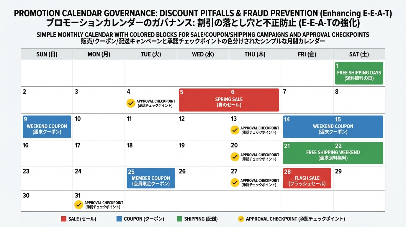 1か月分のカレンダーにセール・クーポン・送料施策を色分けして配置し、重複を避けている運用例の図