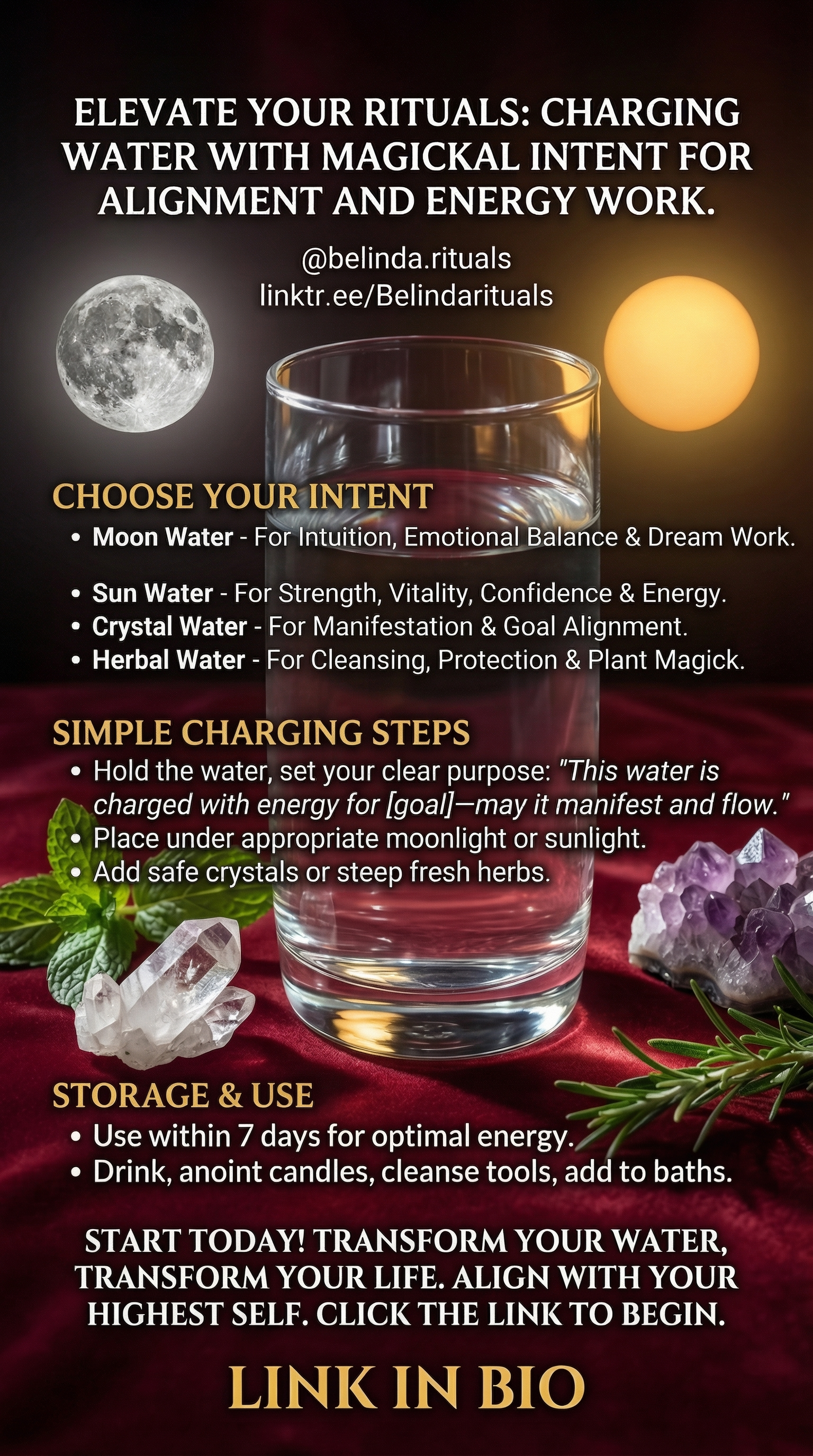 Crystal bowl and moonlight charging magical water ritual