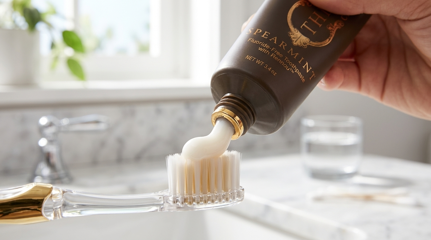 Flat lay of premium oral care products on a marble vanity