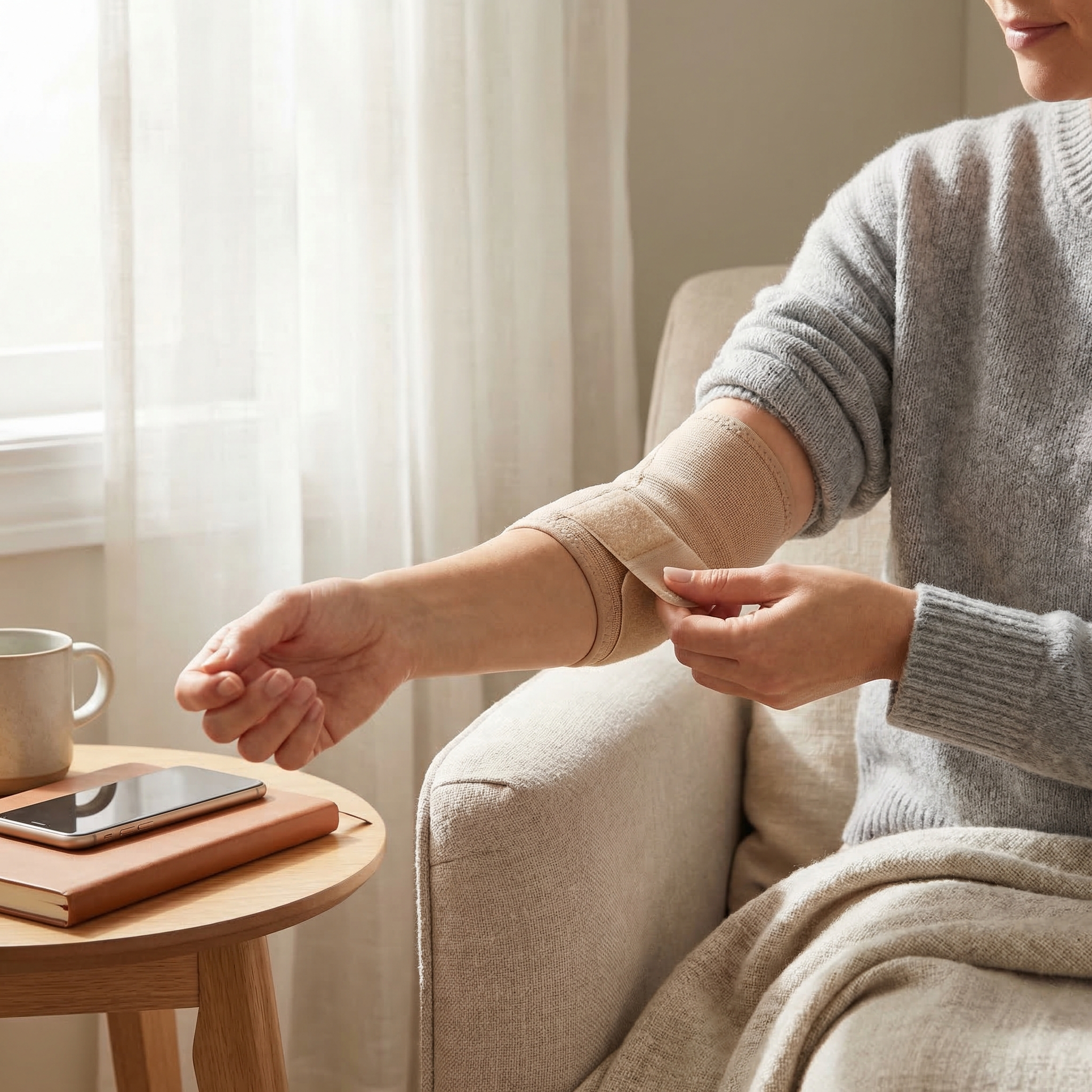 スポーツ後の肘の痛みケアシーン