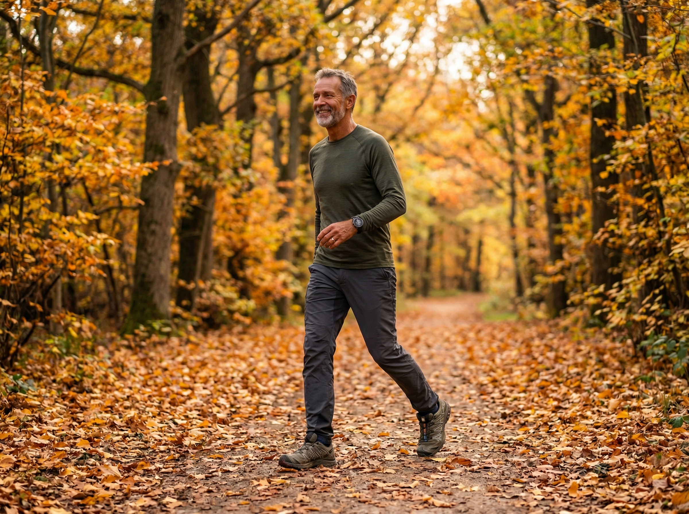 59-year-old Northern European Australian man with brown skin and athletic build walking briskly through an autumn tree-lined path in morning light