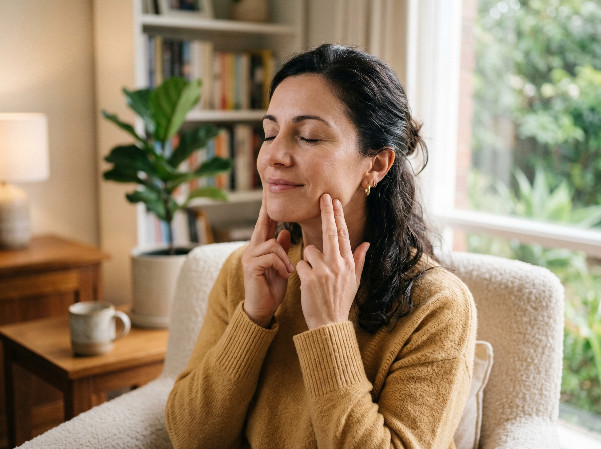 39-year-old Southern European Australian woman with fair skin performing gentle facial massage along her jawline in soft natural home lighting