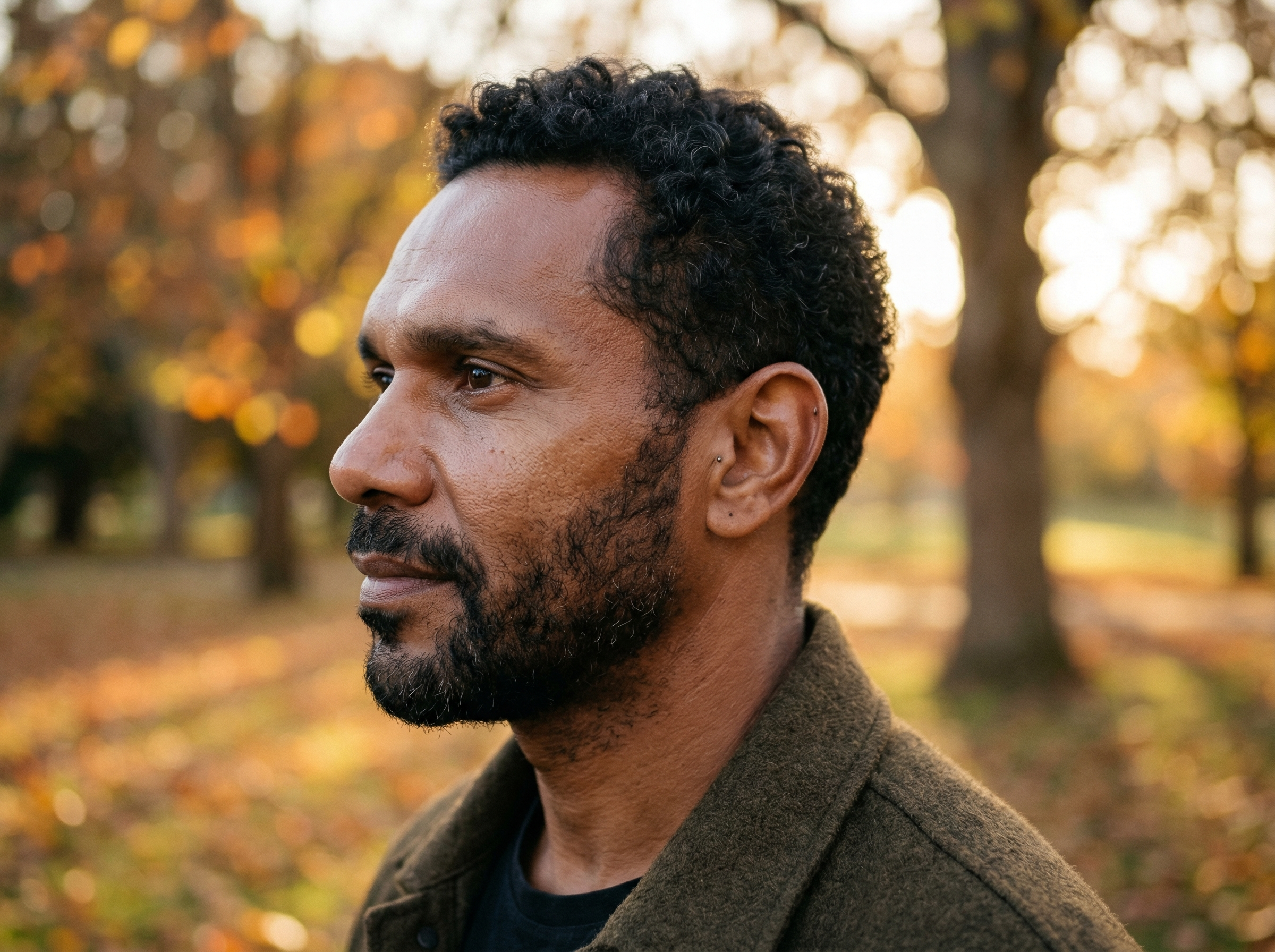 46-year-old Indigenous Australian man with brown skin in profile view, slight shine visible on T-zone, photographed in soft outdoor autumn light