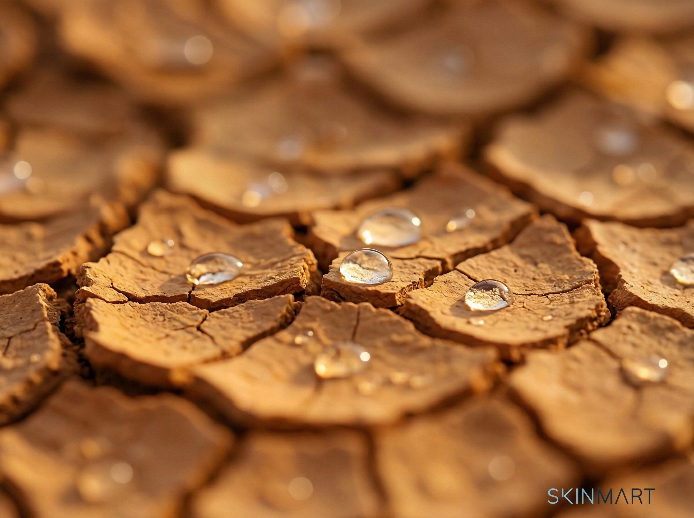 Macro photograph of cracked dry clay surface with water droplets resting on top, representing a compromised skin barrier and trans-epidermal water loss