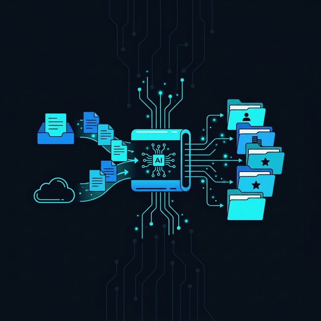 Abstract representation of automated file workflows and AI systems organizing digital documents for a business team.
