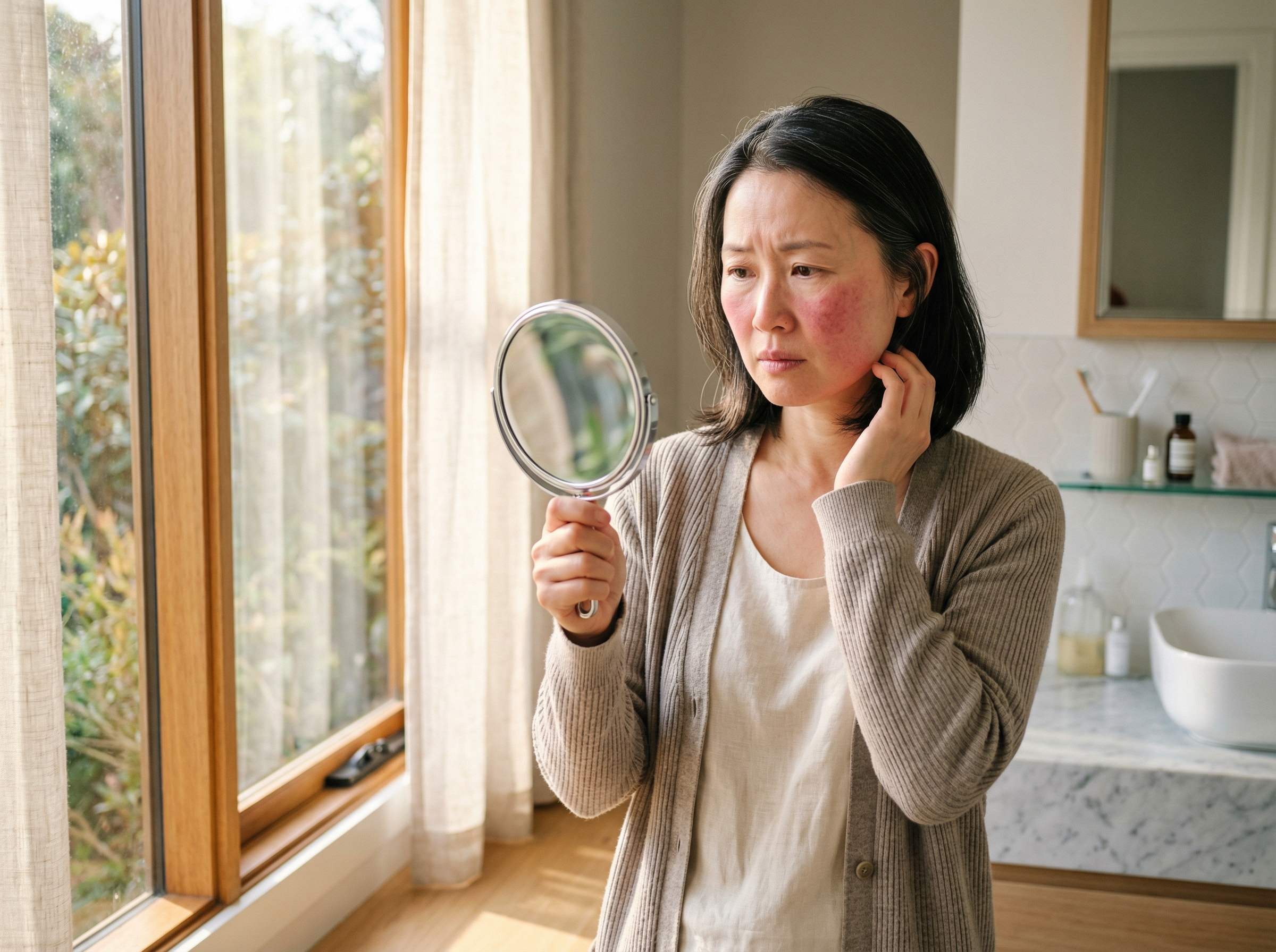 45-year-old East Asian Australian woman with very fair skin examining her flushed cheeks in a handheld mirror near a bright window in a modern bathroom
