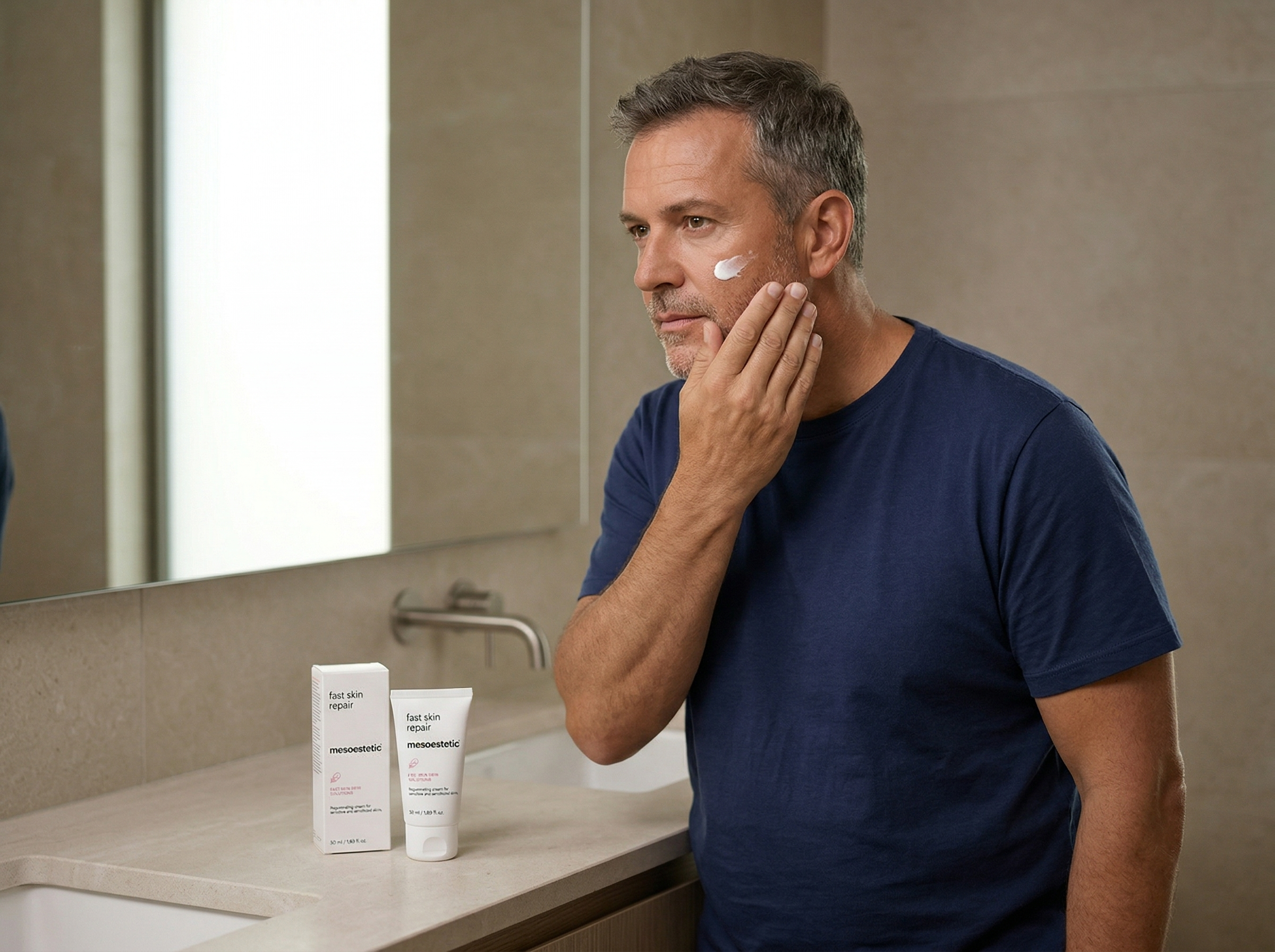 52-year-old Northern European Australian man with medium skin tone applying Mesoestetic Post Procedure Fast Skin Repair cream to his cheek in a softly lit bathroom