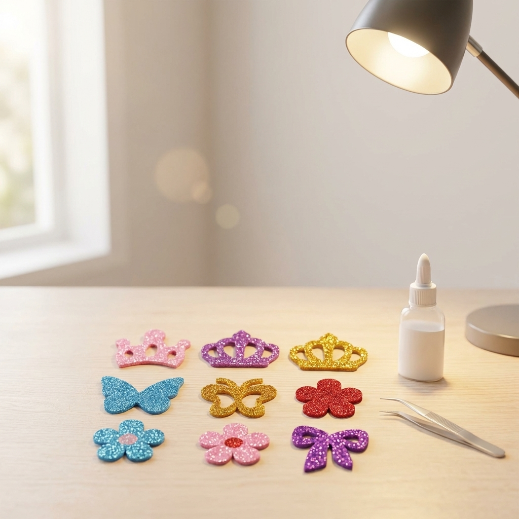 REGRA ABSOLUTA ANTI-PET: Esta imagem NAO pode conter NENHUM elemento relacionado a animais. PROIBIDO: cachorro, gato, passaro, peixe, cama de pet, tigela de pet, comedouro, pote de racao, osso, brinquedo de pet, coleira, casinha, aquario, pegadas, patinhas, paw prints, pet treats, dog bowl, dog bed, pet bowl. PROIBIDO: qualquer objeto que PARECA ser de pet (tigelas no chao, cestos, potes com ossinhos). ZERO elementos de pet. Fotografia profissional de produto para e-commerce brasileiro. Imagem 1200x1200. Produto IDENTICO a referencia: mesma cor, forma, textura, rotulo, tampa, logotipo, estampa. NAO alterar nenhum detalhe. NAO mudar a cor do produto. Se o produto e preto, ele DEVE ser preto na saida. Precisao e mais importante que estetica. TODO texto visivel na imagem DEVE estar em PORTUGUES DO BRASIL. PROIBIDO qualquer texto em ingles. IGNORAR o fundo da referencia — gerar cenario NOVO. Produto: Apliques Decorativos De EVA Com Glitter Sortidos. Cenario: superficie de madeira clara com iluminacao natural suave de janela lateral, fundo neutro desfocado em tons claros, composicao minimalista e profissional. Composicao: produto em DESTAQUE como elemento principal. Foco nitido no produto. Fundo com bokeh. NO MAXIMO 1-2 objetos de apoio diretamente relacionados ao uso do produto. Iluminacao: Neutral desk lamp lighting, clean and focused. SEM pessoas. SEM maos. SEM animais. SEM elementos de pet. PROIBIDO: animais, cachorro, gato, tigela de pet, cama de pet, comedouro, coleira, veterinario, clinica, textos, logos, marcas dagua, bordas.
Variacao img_04_ambientada