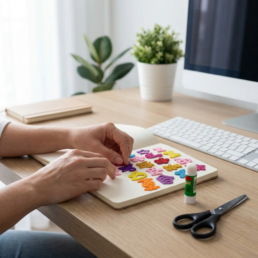 REGRA ABSOLUTA ANTI-PET: Esta imagem NAO pode conter NENHUM elemento relacionado a animais. PROIBIDO: cachorro, gato, passaro, peixe, cama de pet, tigela de pet, comedouro, pote de racao, osso, brinquedo de pet, coleira, casinha, aquario, pegadas, patinhas, paw prints, pet treats, dog bowl, dog bed, pet bowl. PROIBIDO: qualquer objeto que PARECA ser de pet (tigelas no chao, cestos, potes com ossinhos). ZERO elementos de pet. CENARIO OBRIGATORIO: O produto "Apliques Decorativos De EVA Com Glitter Sortidos" deve estar em cenario SIMPLES e NEUTRO relacionado ao seu uso real. CENARIOS PROIBIDOS: clinica veterinaria, pet shop, ambiente com animais, consultorio medico, hospital. Cenario deve ser MINIMALISTA: produto + superficie adequada + iluminacao suave + no maximo 1-2 objetos de apoio do USO do produto. FOTOGRAFIA LIFESTYLE: pessoa USANDO o produto em cenario real. PROIBIDO fundo branco. Produto IDENTICO a referencia: mesma cor, forma, textura, rotulo, tampa, logotipo, estampa. NAO alterar nenhum detalhe. NAO mudar a cor do produto. Se o produto e preto, ele DEVE ser preto na saida. Precisao e mais importante que estetica. TODO texto visivel na imagem DEVE estar em PORTUGUES DO BRASIL. PROIBIDO qualquer texto em ingles. IGNORAR o fundo da referencia. PROPORCOES REALISTAS OBRIGATORIAS: o produto deve ter o TAMANHO CORRETO em relacao a pessoa, maos, mesa ou ambiente. Se e uma caixa/embalagem, mostrar na escala real comparada as maos. O produto e o HEROI da imagem — grande e proeminente no frame, ocupando pelo menos 40% da area visivel. Cena: ambiente real de uso: casa, rua ou espaco cotidiano. Pessoa usando o produto. Cena lifestyle, luz natural, NAO fundo branco. Ambiente: office desk. Professional using the product at an organized modern desk. ESTILO FOTOGRAFICO PARA ESTA CATEGORIA: fundo branco clean, iluminacao profissional de estudio, produto centralizado, alta resolucao. OBRIGATORIO: maos humanas segurando, tocando ou usando o produto. Interacao natural e cotidian