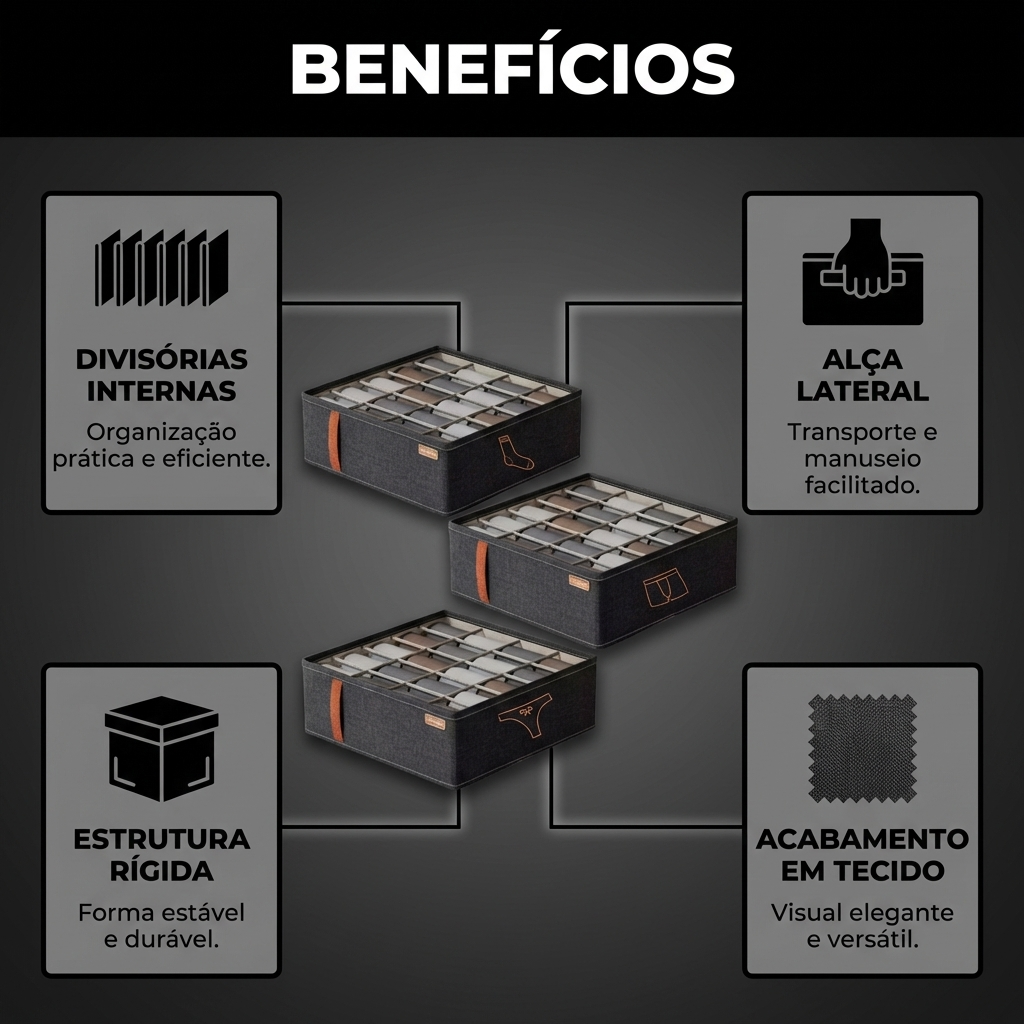 IMAGEM DE BENEFICIOS para e-commerce brasileiro. Imagem 1200x1200.
Produto IDENTICO a referencia: mesma cor, forma, textura, rotulo, tampa, logotipo, estampa. NAO alterar nenhum detalhe. NAO mudar a cor do produto. Se o produto e preto, ele DEVE ser preto na saida. Precisao e mais importante que estetica.
TODO texto visivel na imagem DEVE estar em PORTUGUES DO BRASIL. PROIBIDO qualquer texto em ingles: sem "Color", "Category", "Material", "Other", "Pet", "Benefits", "Features". Usar apenas: "Cor", "Categoria", "Material", "Variado", "Benefícios", "Diferenciais".
ESTILO INFOGRAFICO: tabela de medidas visual, composição do tecido, cuidados. PALETA DE CORES OBRIGATORIA: A paleta INTEIRA deve derivar das cores do produto ("Preto"). Use tons e variações dessa cor para cartoes, header e icones. Se o produto e escuro, use tema escuro elegante com acentos sutis. Se o produto e colorido, use essas cores especificas. NUNCA use cores aleatorias (roxo, verde, amarelo) que nao estejam no produto. Produto: Kit De Organizadores De Gaveta Para Roupas ÍNtimas LAYOUT:
- Fundo escuro elegante (#1a1a1a ou gradiente escuro sutil)
- TOPO: faixa com cor do produto (Preto) + titulo "BENEFICIOS" em branco negrito
- Produto centralizado em destaque (35-40% do frame), sombra premium
- AO REDOR: 4 cartoes de beneficios com icones, dispostos em arco ou grid
- CADA CARTAO: icone simples + titulo curto em negrito (max 6 palavras) + frase de 1 linha explicando a VANTAGEM
- Linhas conectoras finas do produto aos cartoes
Use a cor "Preto" do produto como cor de destaque nos icones e destaques visuais. BY ORGAZ: manter consistencia visual.
- Tipografia sans-serif moderna, titulos em CAPS, alto contraste MOSTRAR EXATAMENTE ESTES 4 BENEFICIOS (frases curtas de VANTAGEM, NAO especificacoes):
1. divisórias internas
2. alça lateral
3. estrutura rígida
4. acabamento em tecido REGRAS ABSOLUTAS — LEIA COM ATENCAO:
- Beneficios sao VANTAGENS QUALITATIVAS: pratico, duravel, elegante, versatil, prese