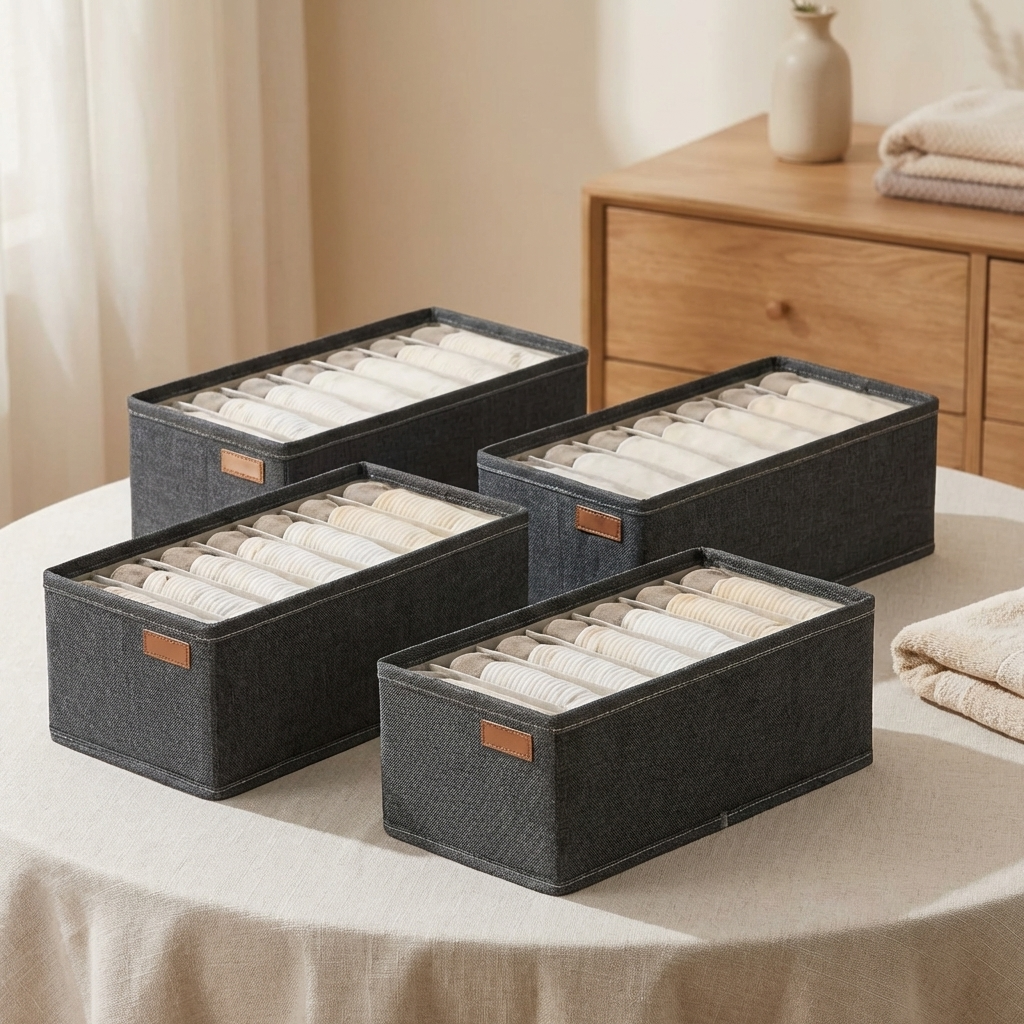 Fotografia profissional de produto para e-commerce brasileiro. Imagem 1200x1200. Produto IDENTICO a referencia: mesma cor, forma, textura, rotulo, tampa, logotipo, estampa. NAO alterar nenhum detalhe. NAO mudar a cor do produto. Se o produto e preto, ele DEVE ser preto na saida. Precisao e mais importante que estetica. TODO texto visivel na imagem DEVE estar em PORTUGUES DO BRASIL. PROIBIDO qualquer texto em ingles. IGNORAR o fundo da referencia — gerar cenario NOVO. Produto: Kit De Organizadores De Gaveta Em Tecido Com DivisóRias. Cenario: mesa elegante com toalha clara, fundo neutro com iluminacao suave e acolhedora, ambiente respeitoso e sereno. Composicao: produto em DESTAQUE como elemento principal. Foco nitido no produto. Fundo com bokeh. NO MAXIMO 1-2 objetos de apoio diretamente relacionados ao uso do produto. Iluminacao: Warm natural light, soft and inviting, pet-friendly atmosphere. SEM pessoas. SEM maos. SEM animais. SEM elementos de pet. PROIBIDO: animais, cachorro, gato, tigela de pet, cama de pet, comedouro, coleira, veterinario, clinica, textos, logos, marcas dagua, bordas.
Variacao img_04_ambientada