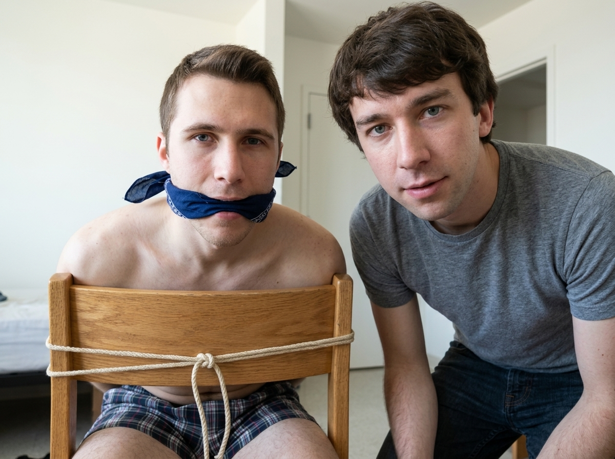 In a bright room up close looking straight at the camera the picture on the left in his boxer shorts tied to a chair and gagged with the picture on the right standing next to him up close looking at the camera.