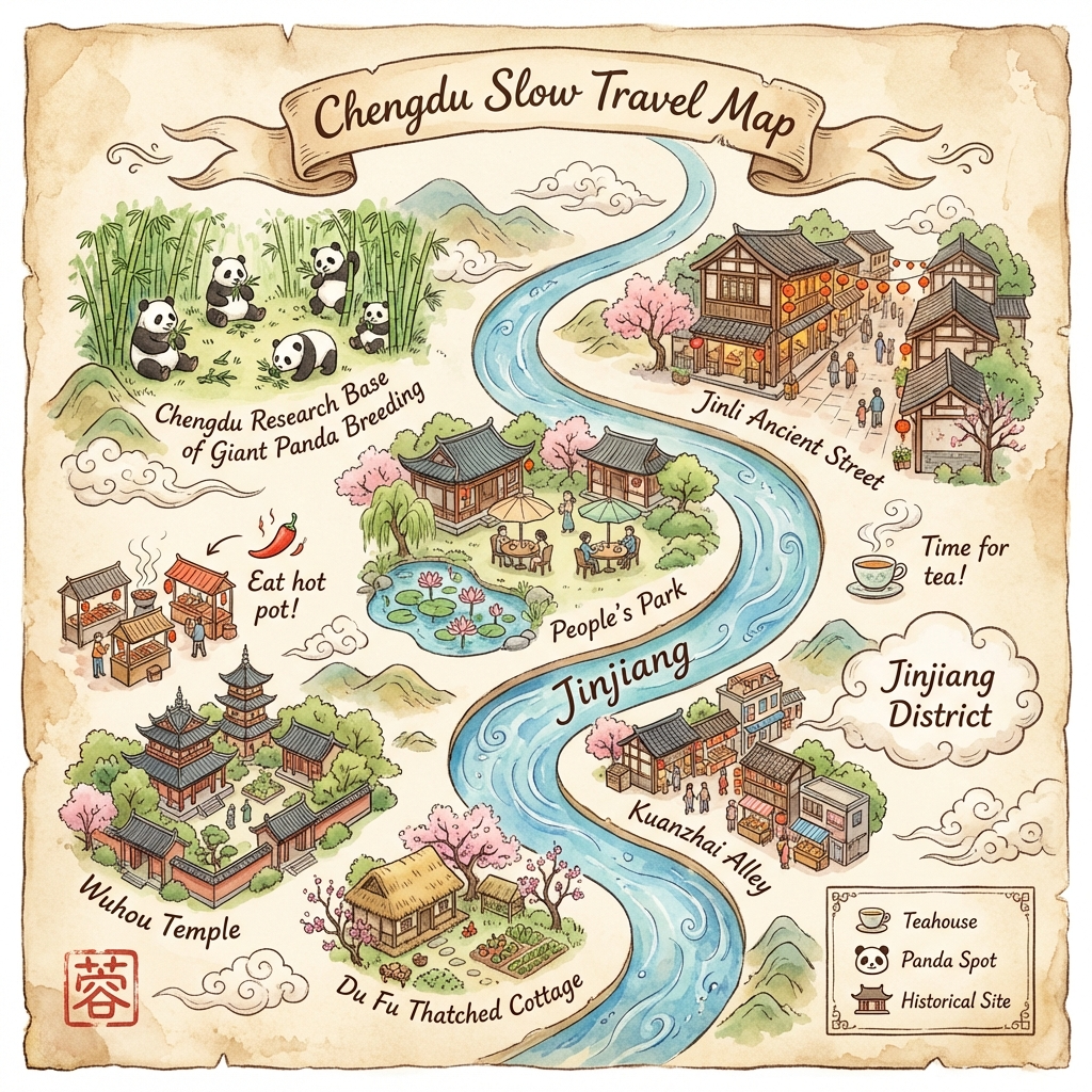 画幅比例16:9，一张迷人而精致的成都手绘旅游地图，具有吉卜力工作室艺术设定集般的风格。整个画面是在一张有纹理的、陈旧的羊皮纸上的水彩和钢笔淡彩插画。整体美学风格异想天开、充满活力和生活气息。

地图布局与风格:
地图以风格化的等轴测视角，展示了成都的核心地标，这些地标被描绘成可爱、精细的微缩建筑和图标（例如，熊猫基地的熊猫、锦里的灯笼、人民公园的茶馆）。布局是有机的、自由流动的，而非基于僵硬的网格。

至关重要的字体排版挑战 (高难度部分):
所有文字必须以一种优美的、略带不完美感的手写书法风格（行楷）呈现，看起来就像是用绘制插图的同一支钢笔写出来的。
1.  **主标题:** 主标题“成都慢行图”被艺术性地写在顶部一条飘逸的缎带上。
2.  **带角度的趣味标签:** 每个地标图标旁边，都以俏皮的、略带倾斜的方式写着它的名字（例如：“宽窄巷子”、“武侯祠”、“杜甫草堂”）。文字需要感觉是有机放置的，而不是死板的水平线。
3.  **沿路径弯曲的文字:** 一条风格化的锦江贯穿地图。河流的名字“锦江”二字，需要沿着河流的弯曲路径优雅地书写。这是一个关键测试点。
4.  **融合性的注释:** 地图上散布着小小的、异想天开的注释，这些注释结合了文字和图标。例如：
    - 一条写着“吃火锅!”的注释，旁边画着一个小小的红辣椒。
    - 一个“喝茶咯!”的标签，旁边有一个冒着热气的微型茶杯图标。
    - 区域名称“锦江区”被写在一个手绘的云朵形状里。
5.  **手绘图例:** 在一个角落，有一个手绘的“图例”方框，里面有小图标（如茶杯、熊猫脸、寺庙屋顶）和它们对应的手写标签。
6.  **印章:** 一枚红色的、仿佛手工篆刻风格的印章，印着“蓉”字（成都的简称），被盖在角落，并与边框有轻微的重叠。

美学:
一幅插画地图学的杰作。文字和插图的融合必须天衣无缝。水彩效果要柔和，有可见的水渍和纹理，而钢笔线条则要自信而生动。整体感觉温暖、诱人，充满个性。

负面提示词:
电脑字体, 计算机生成的文字, 直线, 僵硬的网格, 完美对齐, 只有水平文字, 文字浮层, 照片, 3D, 极简, 通用图标, 拼写错误, 乱码, 水印。