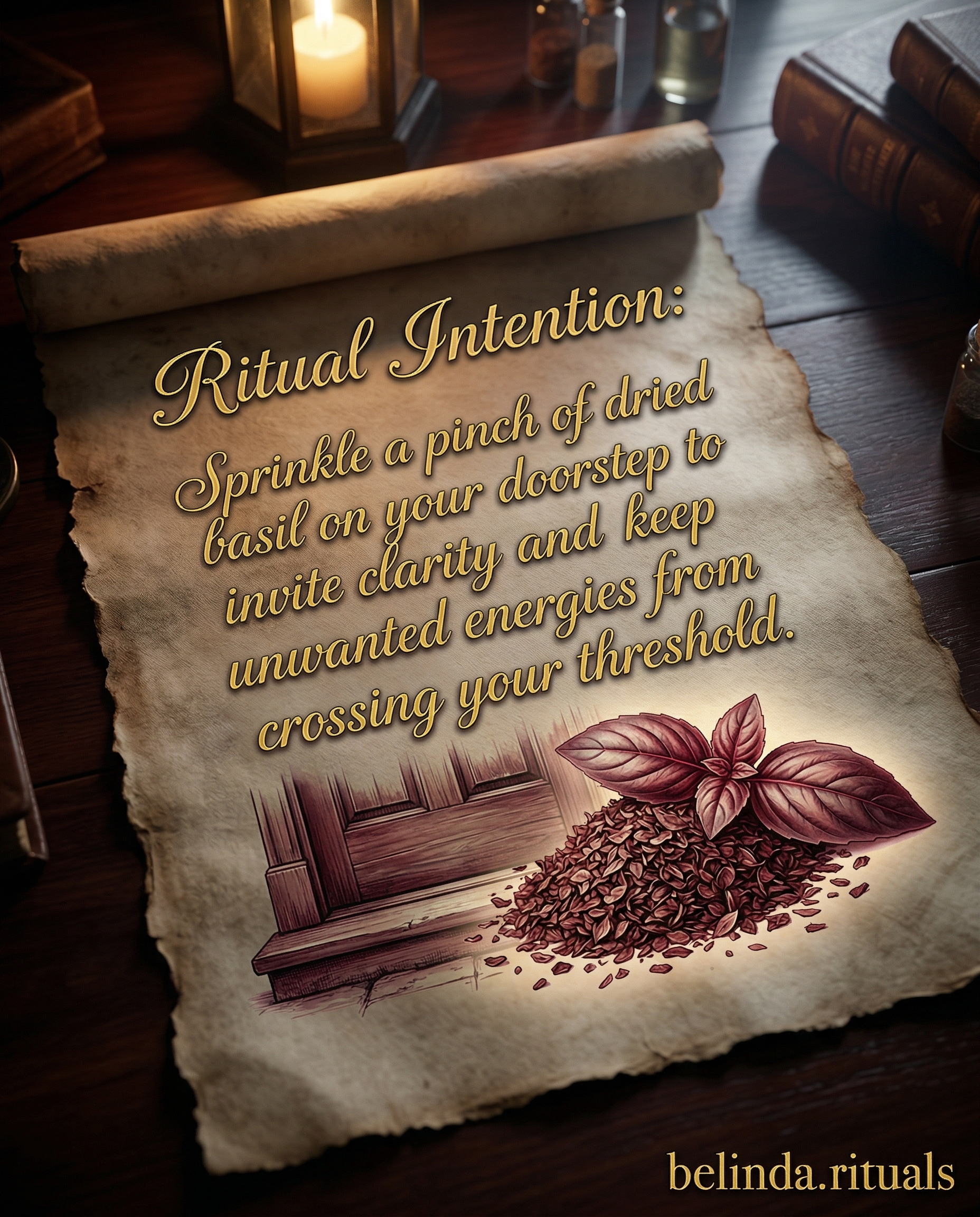 Everyday witchcraft spell tools like candles and herbs arranged on a wooden table