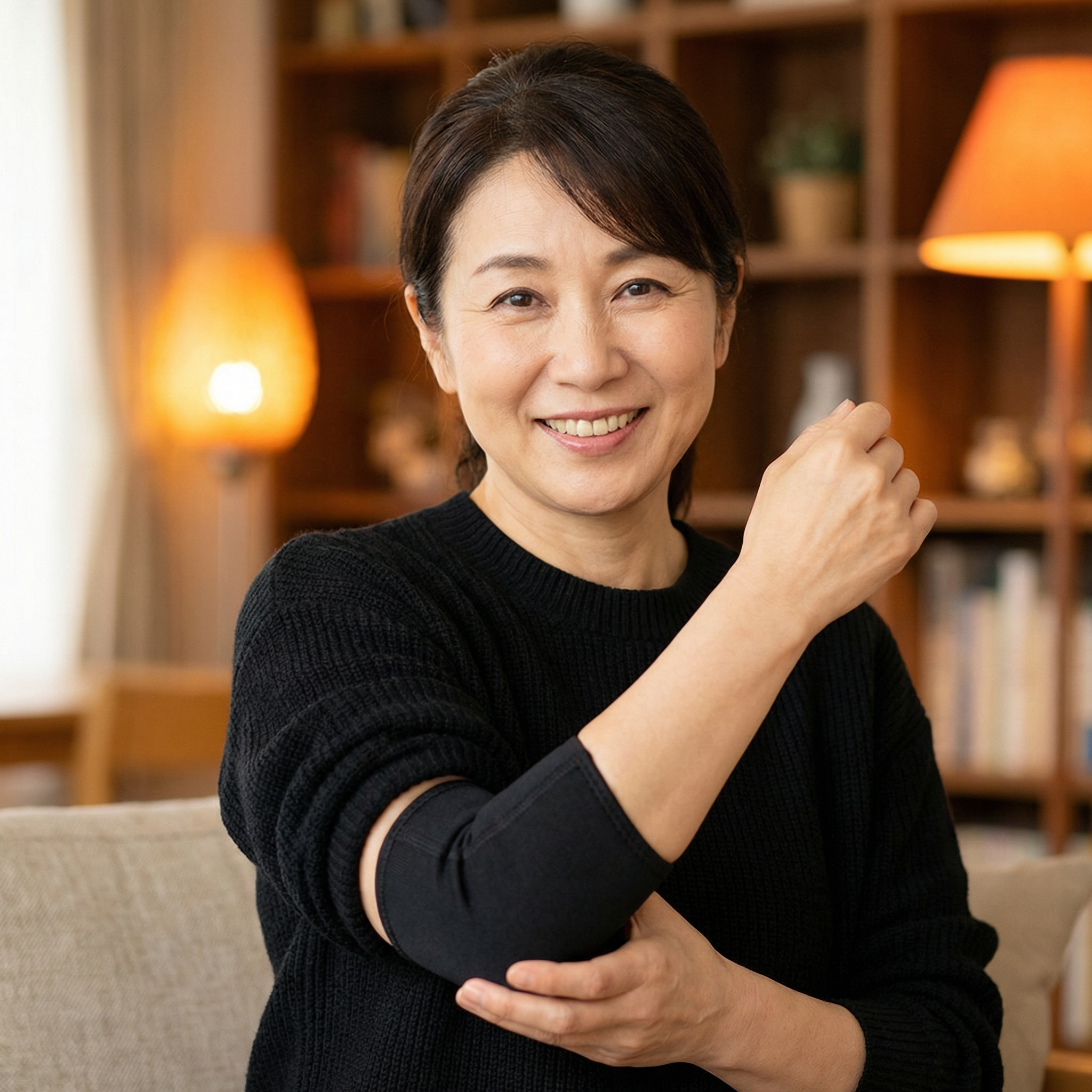 肘サポーターを片方の肘に装着するイメージ