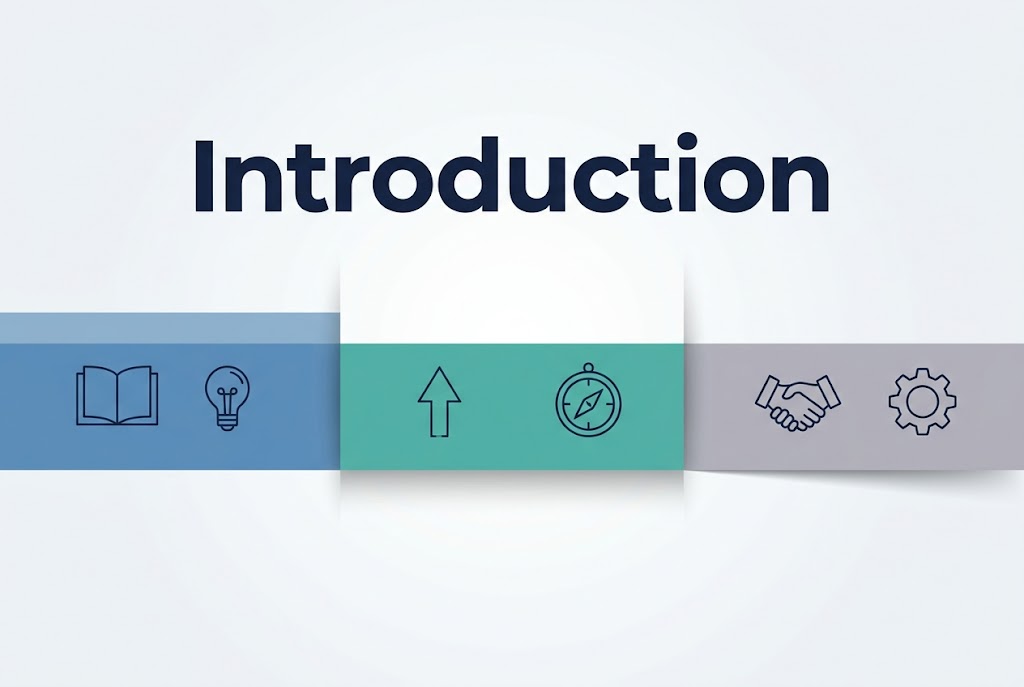 Full-bleed 3:2 infographic title slide with a clean professional layout. Large bold heading text at the top center: "Introduction". Use a modern sans-serif font, dark navy text on a light background. Add subtle geometric infographic accents across the wide canvas: three balanced horizontal color blocks or panels spanning left, center, and right in muted blue, teal, and soft gray, with simple line icons inside each panel as decorative elements. Keep the center area dominant and open, with the title clearly readable. Use crisp vector style, minimal flat design, subtle shadows, high contrast, and wide horizontal composition with no vertical poster frame. Include only the word "Introduction" as visible text.