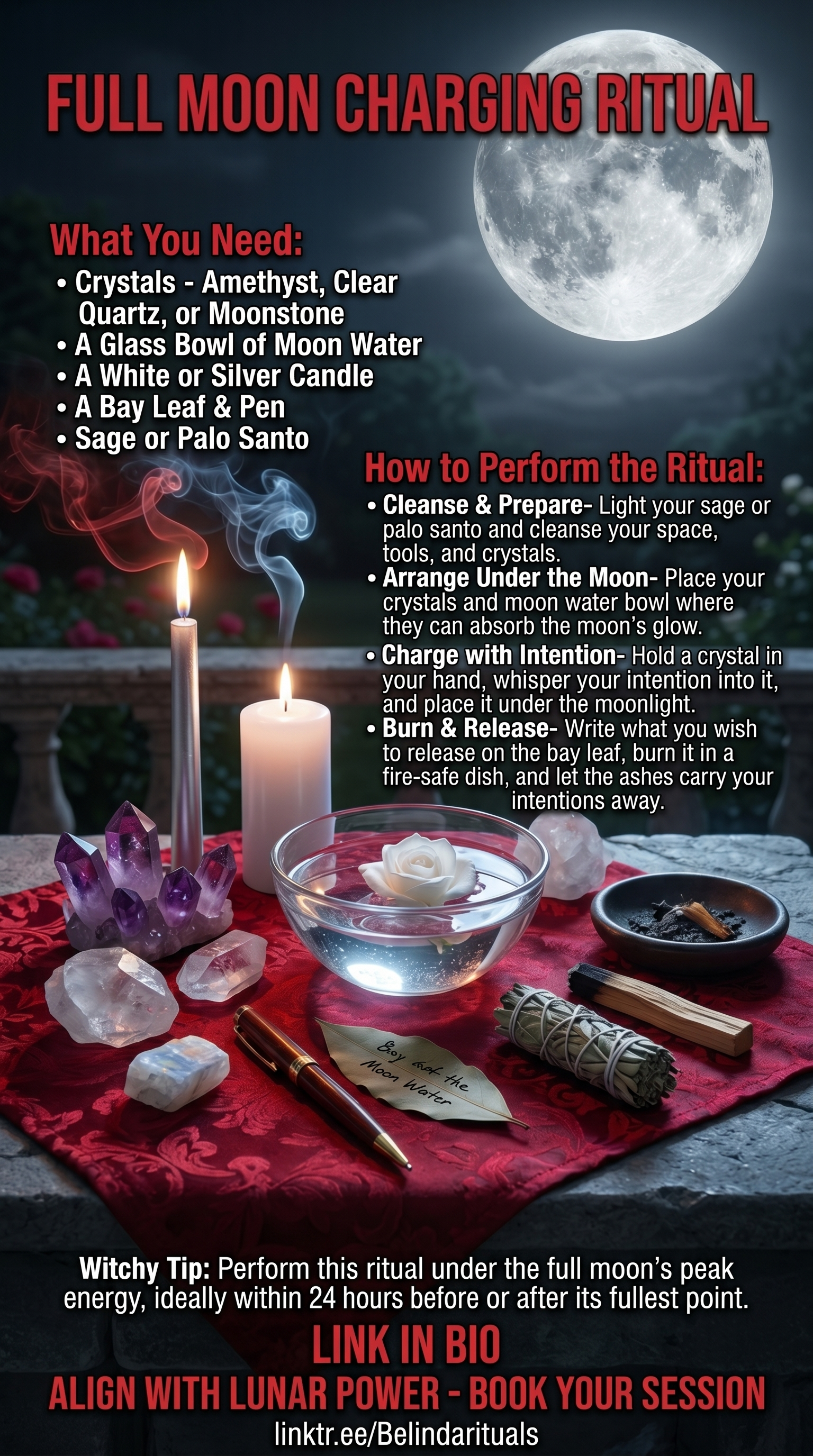 Crystals and moonlight ritual tools laid out for full moon manifestations