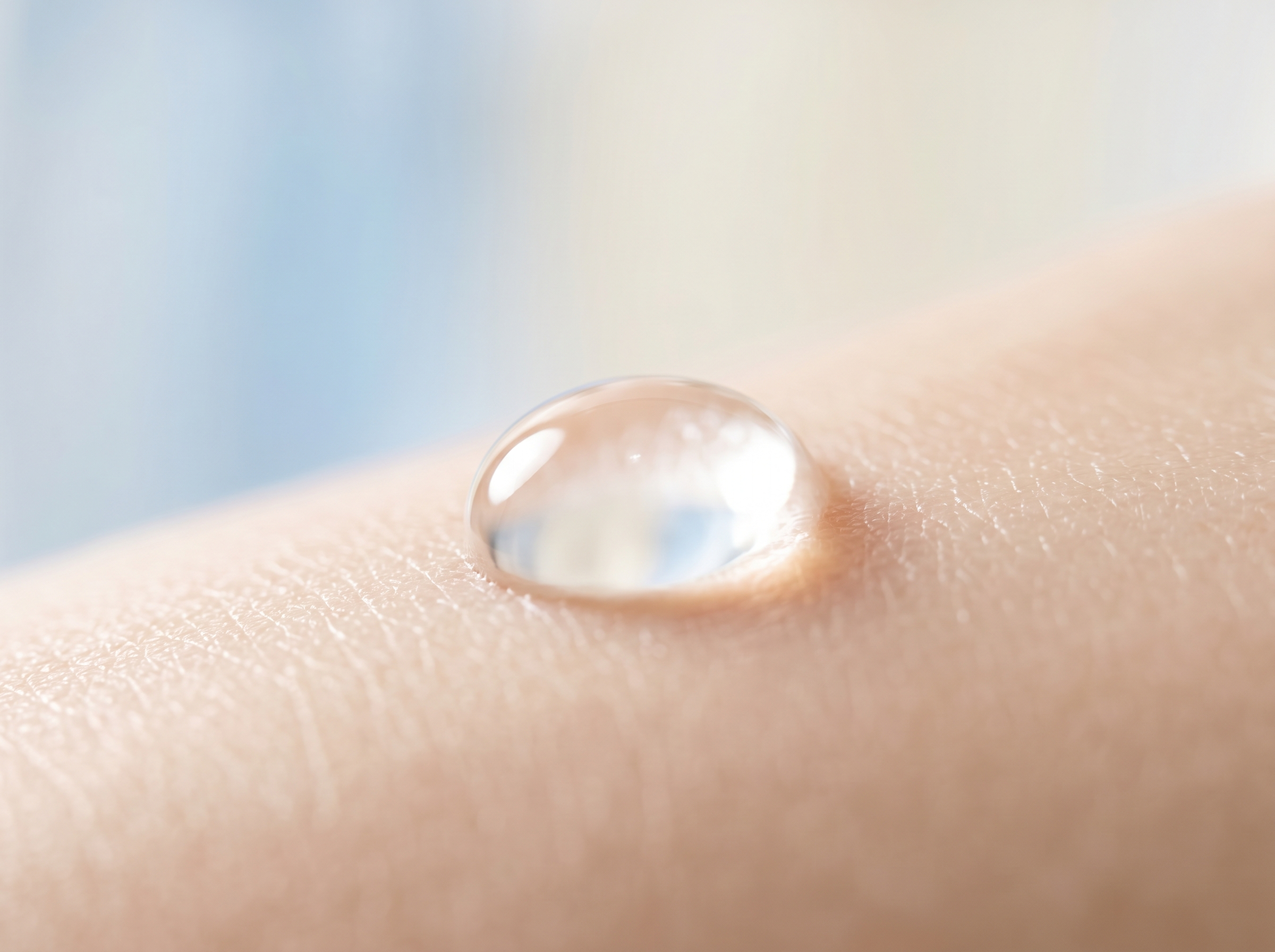 Close-up macro photograph of a single water droplet on a smooth surface representing aquaporin water channel function in skin