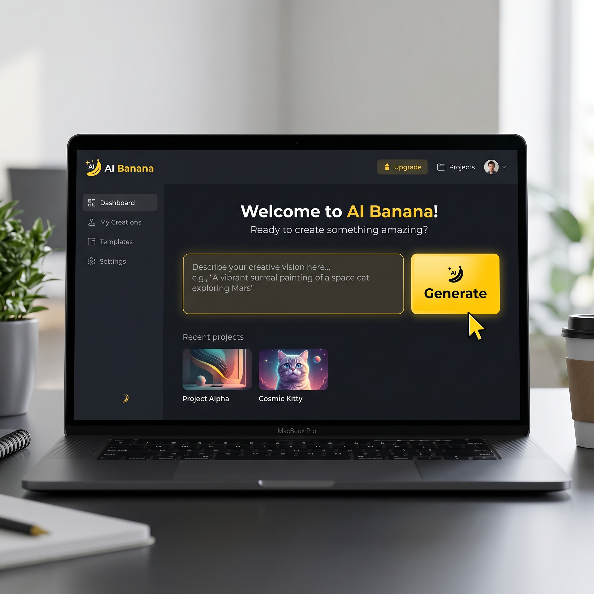 AI Banana homepage — free AI image generator with friendly yellow branding, no login required