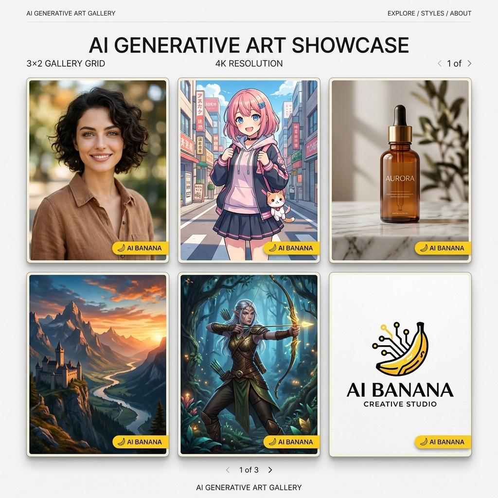 AI Banana gallery — diverse professionally AI-generated sample images across styles
