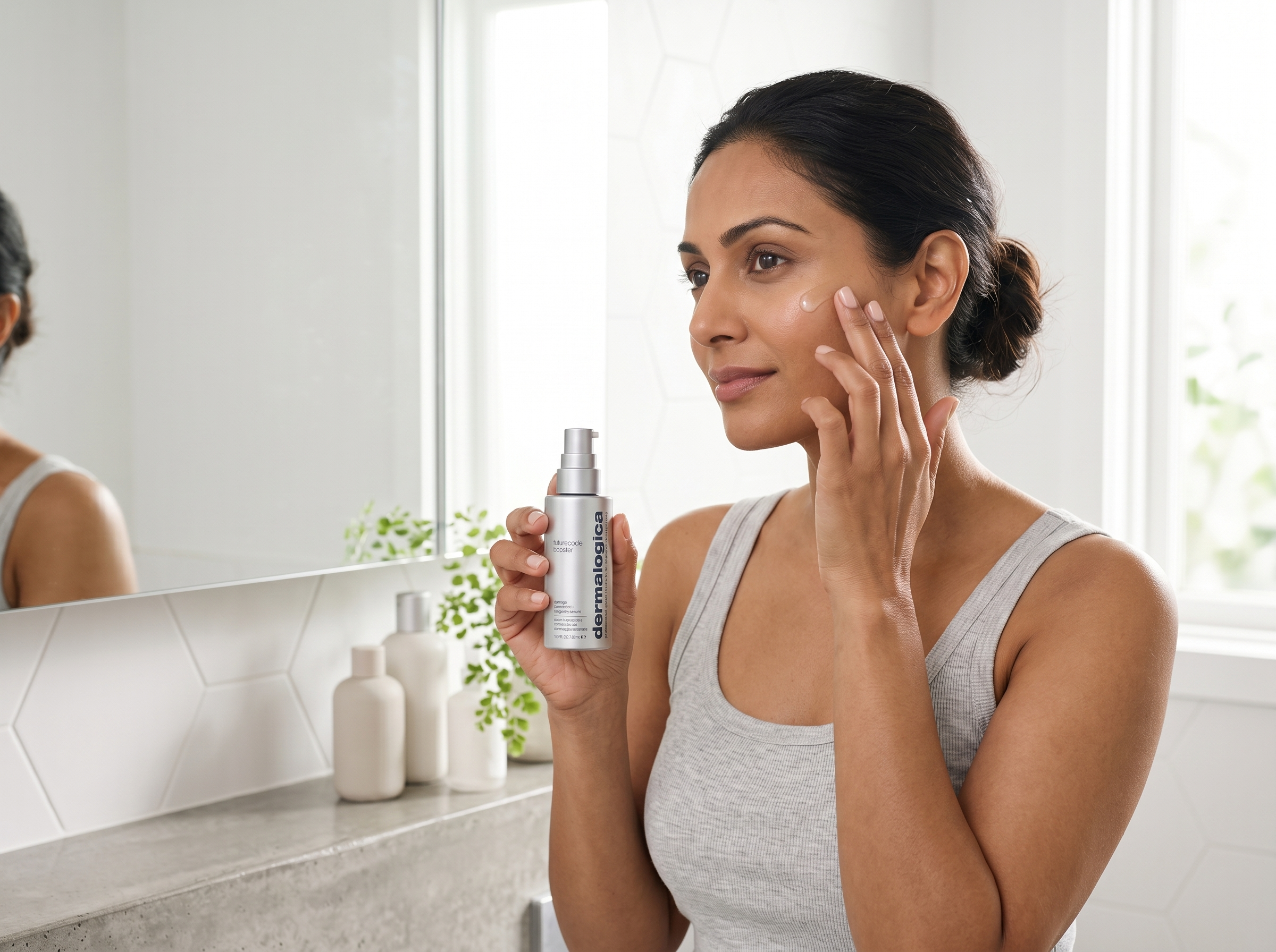 40-year-old South Asian Australian woman with olive skin tone applying a serum to her cheek in a bright bathroom with natural morning light