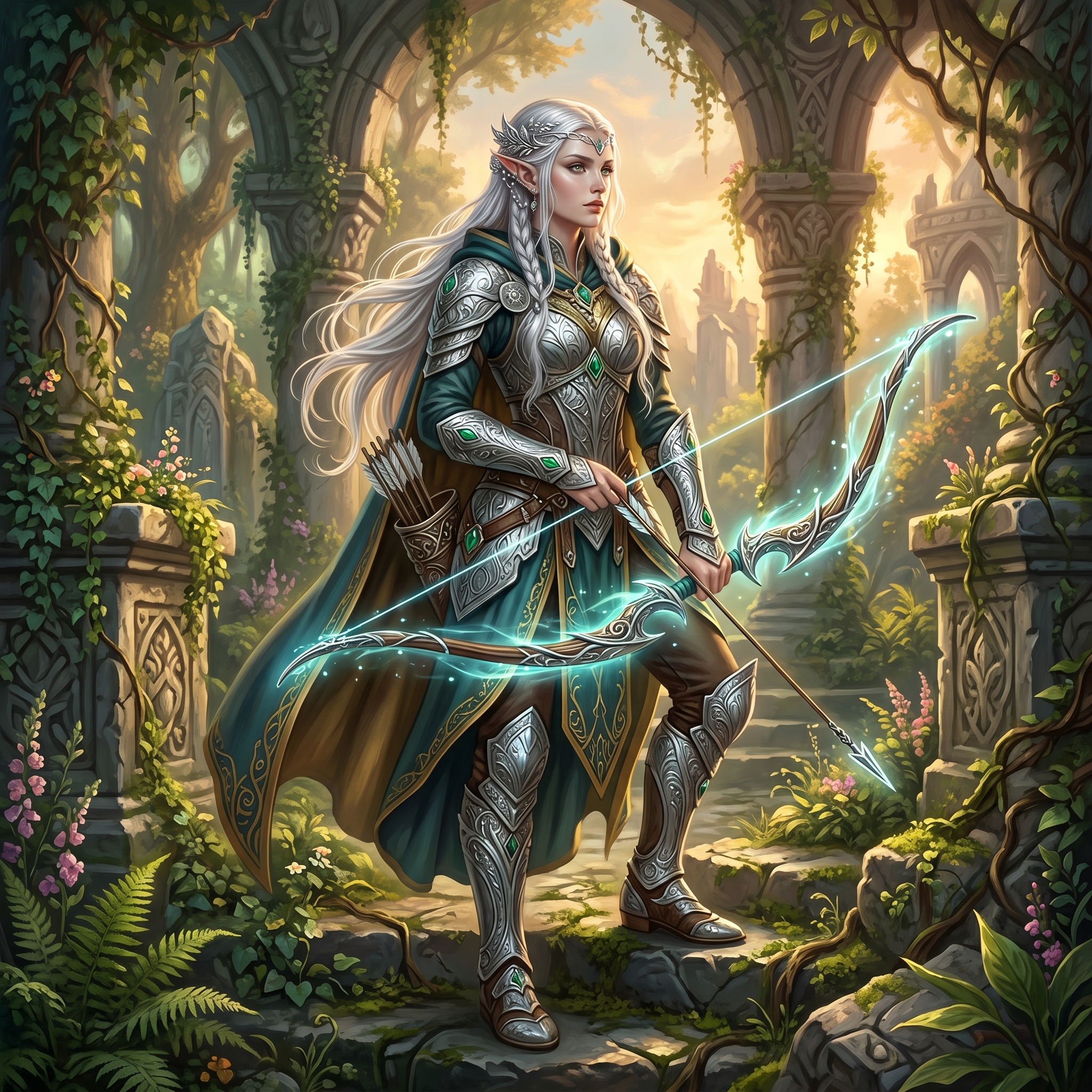 AI-generated fantasy elf warrior princess in ornate silver armor holding glowing bow in ancient ruins